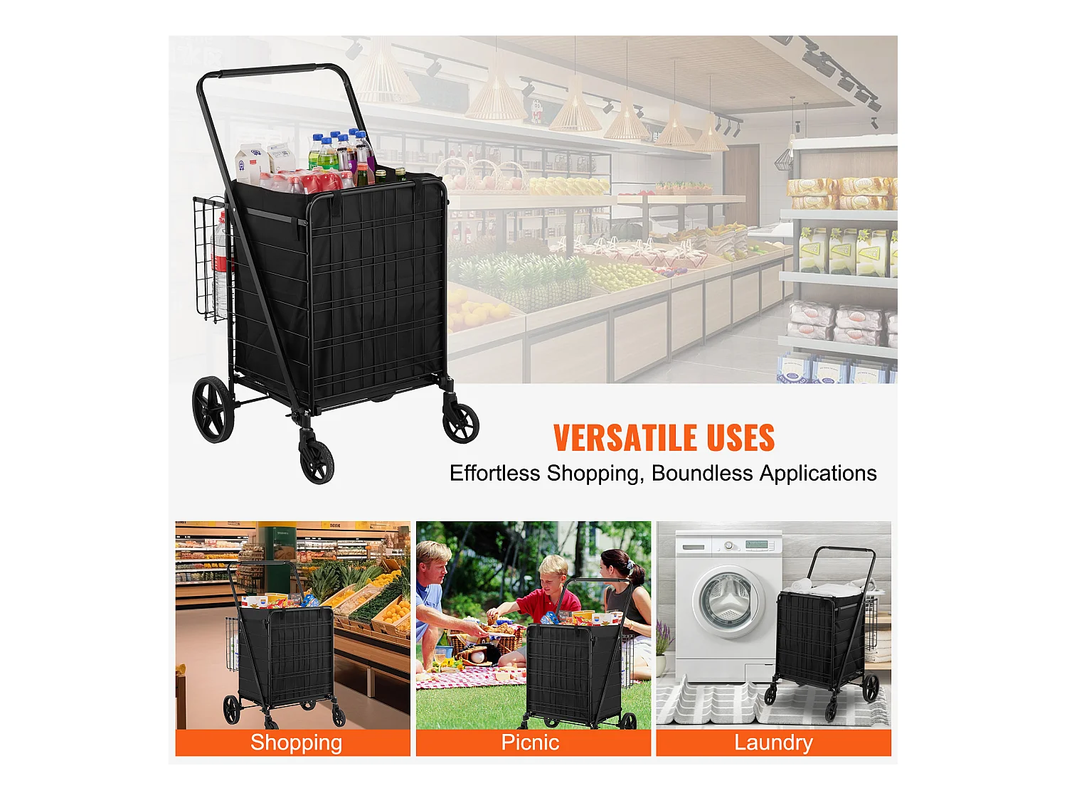 Chariot de Courses SucceBuy Pliable, Chariot D'épicerie Roulant avec Paniers Doubles, Capacité de 150 kg