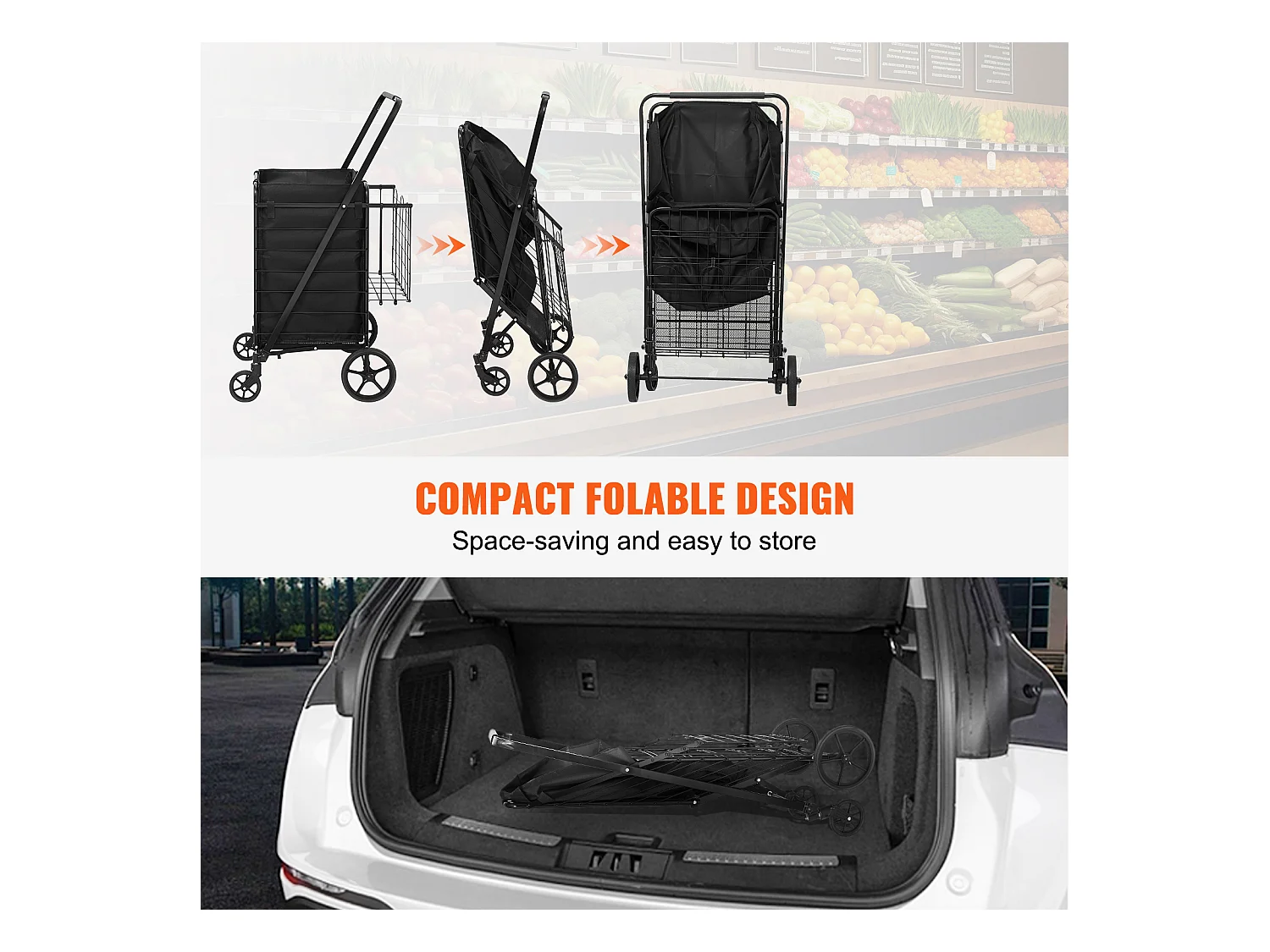 Chariot de Courses SucceBuy Pliable, Chariot D'épicerie Roulant avec Paniers Doubles, Capacité de 150 kg