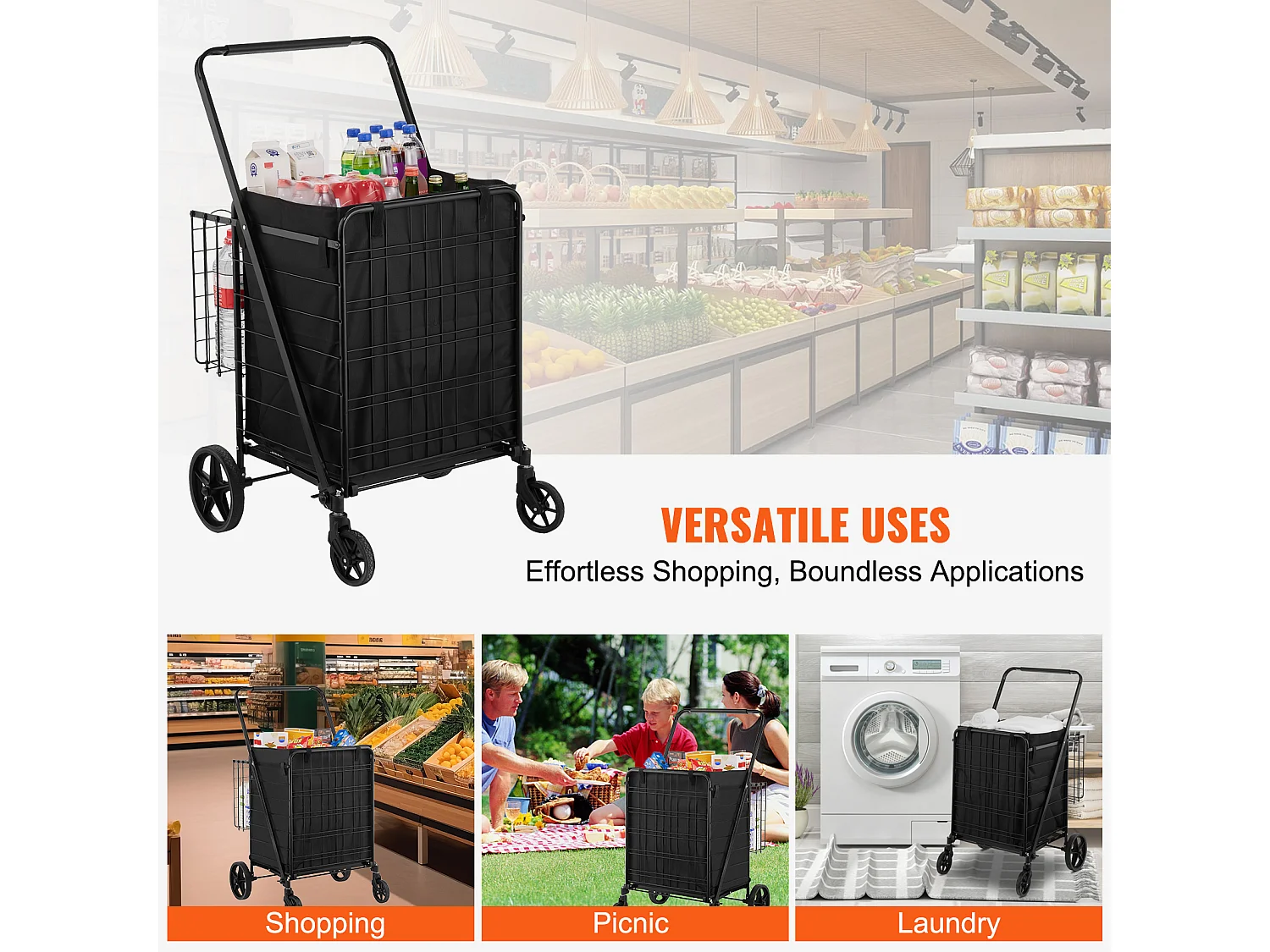 Chariot de Courses SucceBuy Pliable, Chariot D'épicerie Roulant avec Paniers Doubles, Capacité de 150 kg