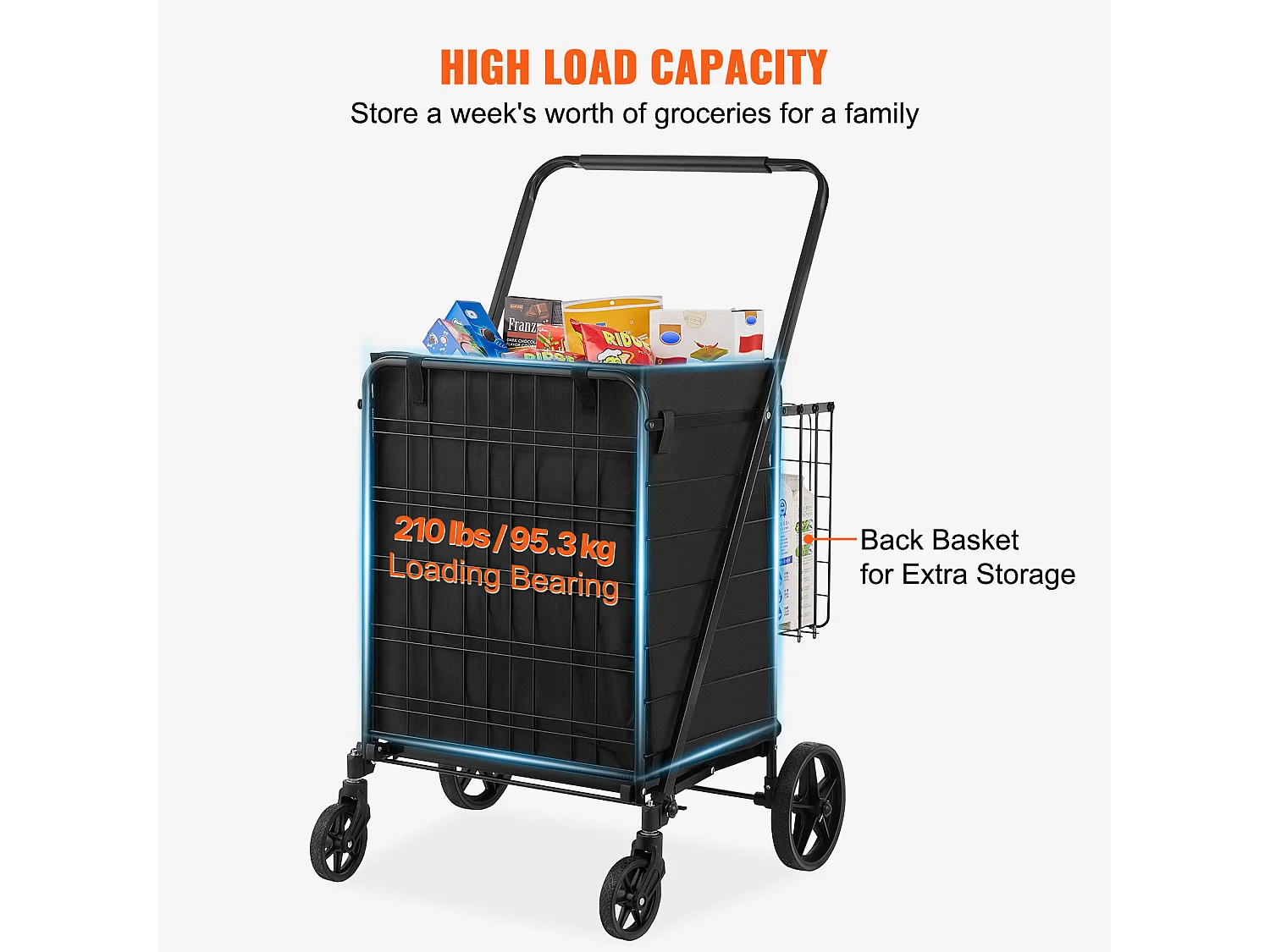 Chariot de Courses SucceBuy Pliable, Chariot D'épicerie Roulant avec Paniers Doubles, Capacité de 150 kg