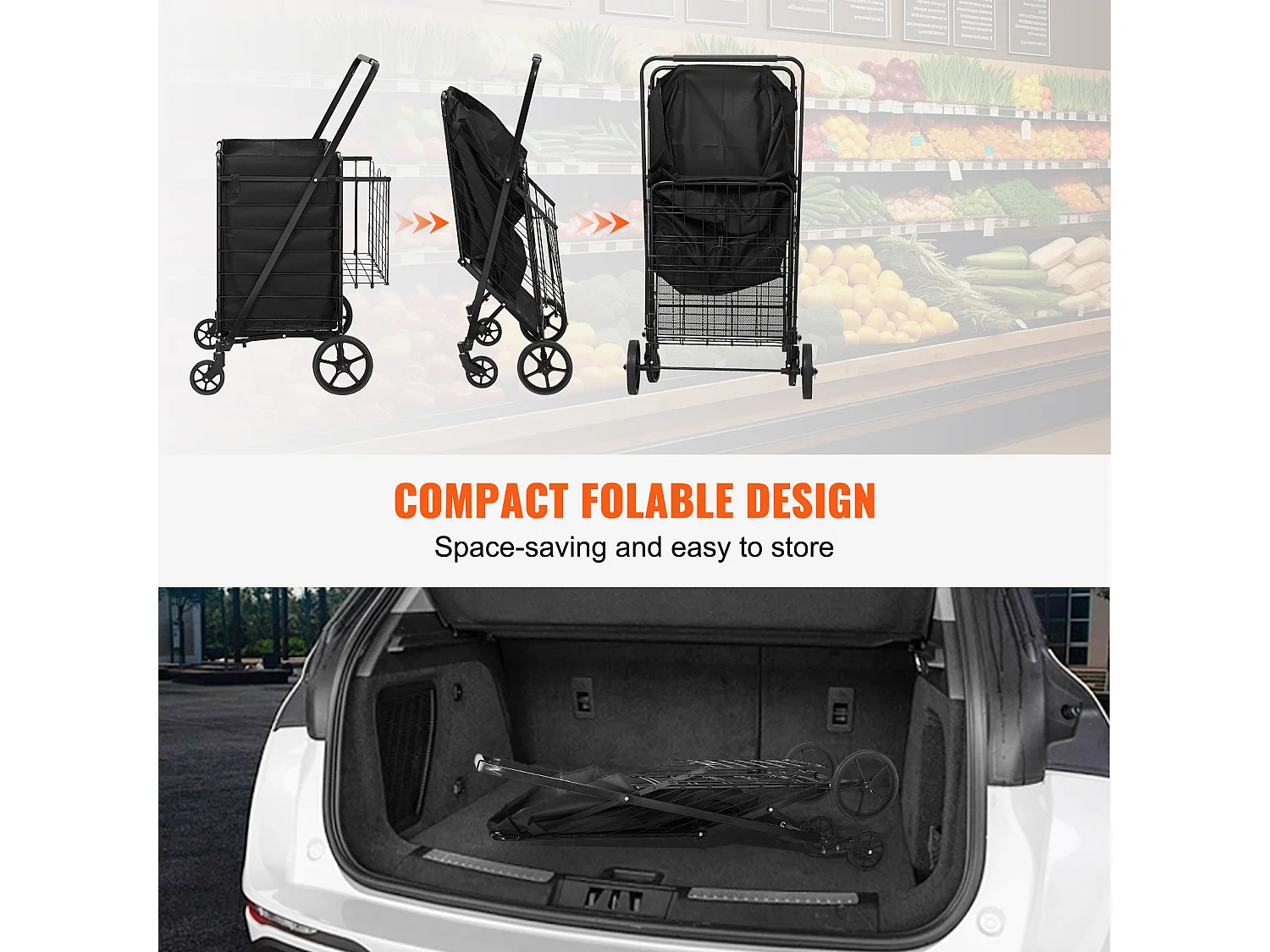 Chariot de Courses SucceBuy Pliable, Chariot D'épicerie Roulant avec Paniers Doubles, Capacité de 150 kg