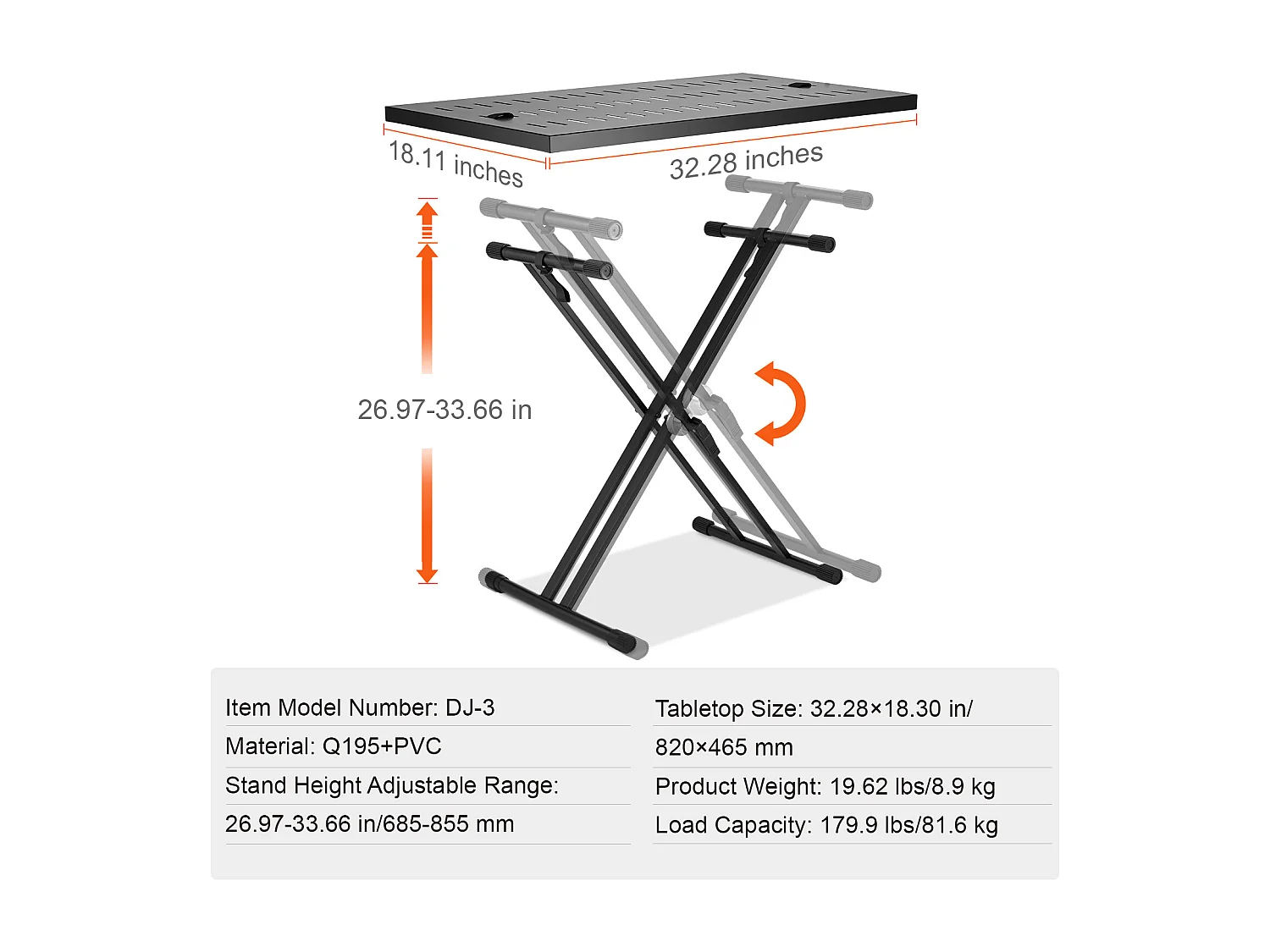 Draagbare DJ-Tafel SucceBuy, DJ-Tafel met Draagbare Laptopsteun, Instelbare Hoogte, Steun met Dubbele X-Versterking