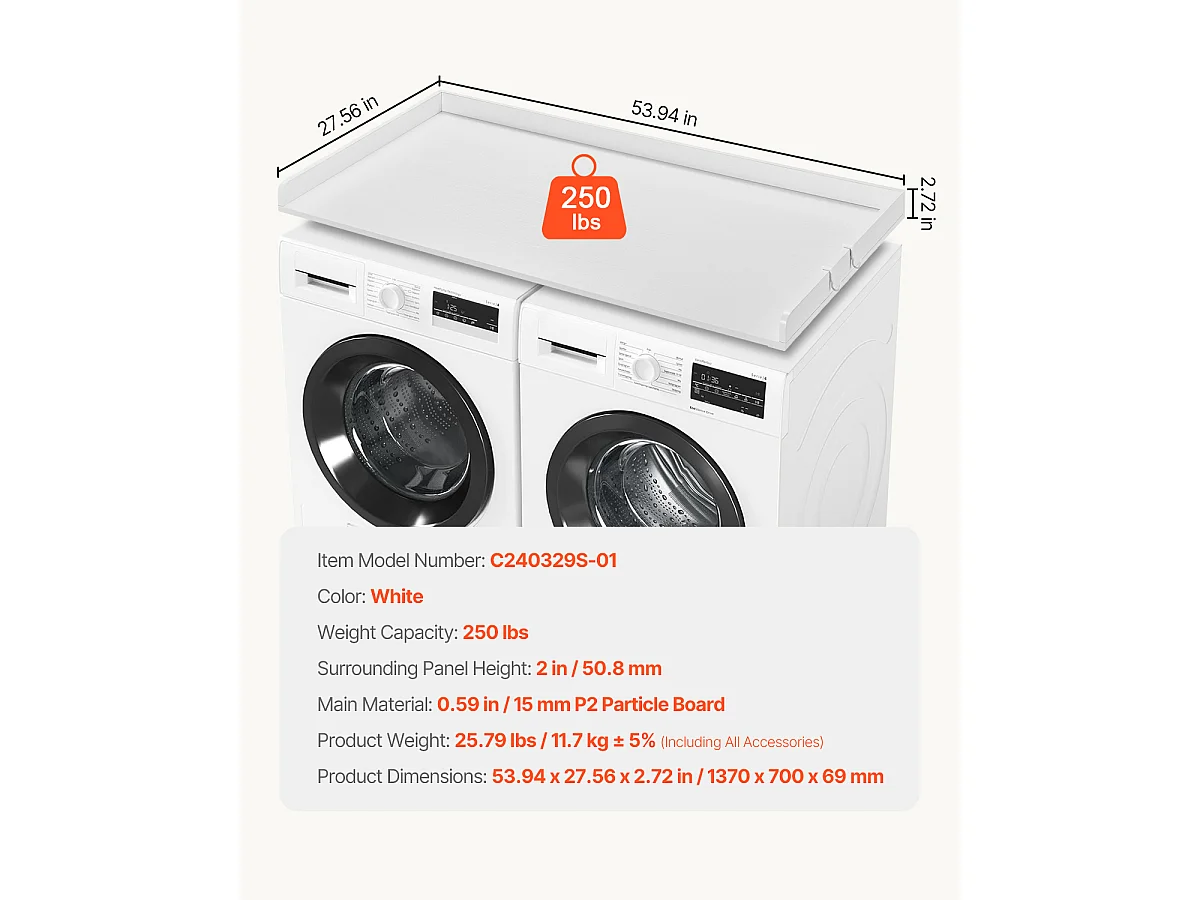 Comptoir de Laveuse Sécheuse SucceBuy, 137,1 x 68,6 cm, avec Dessus en Bois, Blanc