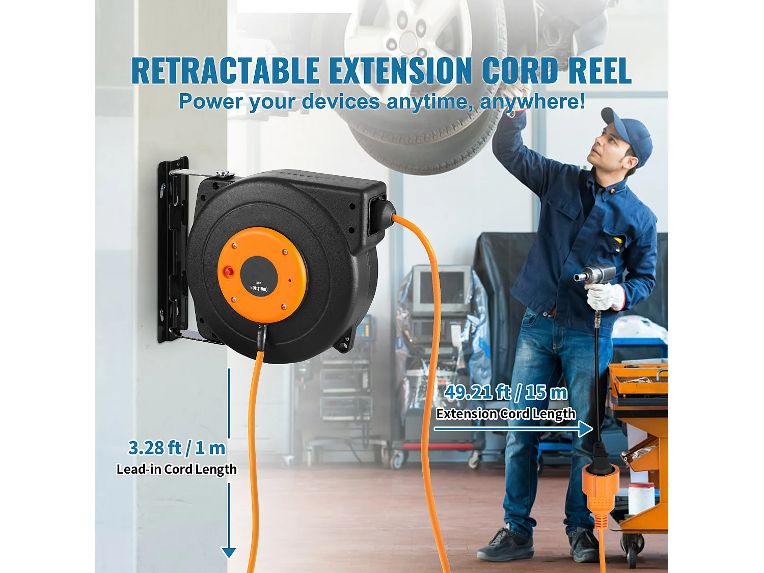 Enrouleur de Câble Extension Rétractable SucceBuy, 15 m, 1000 W, 1 m Câble d'Entrée