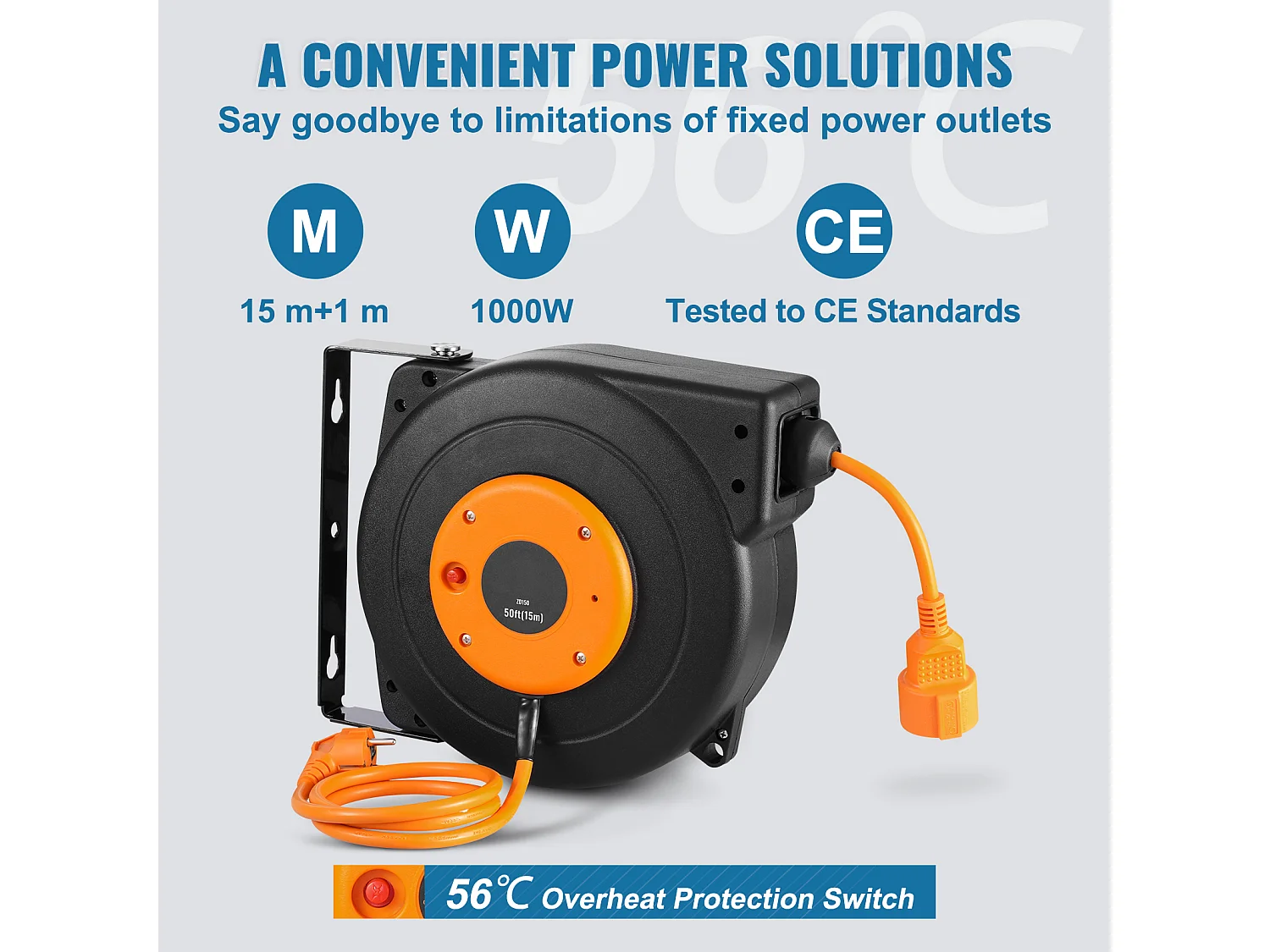 Enrouleur de Câble Extension Rétractable SucceBuy, 15 m, 1000 W, 1 m Câble d'Entrée