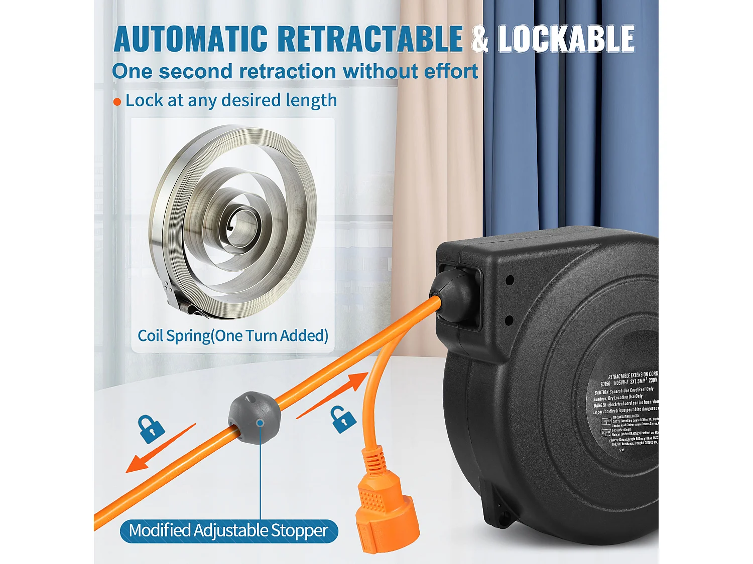 Enrouleur de Câble Extension Rétractable SucceBuy, 15 m, 1000 W, 1 m Câble d'Entrée