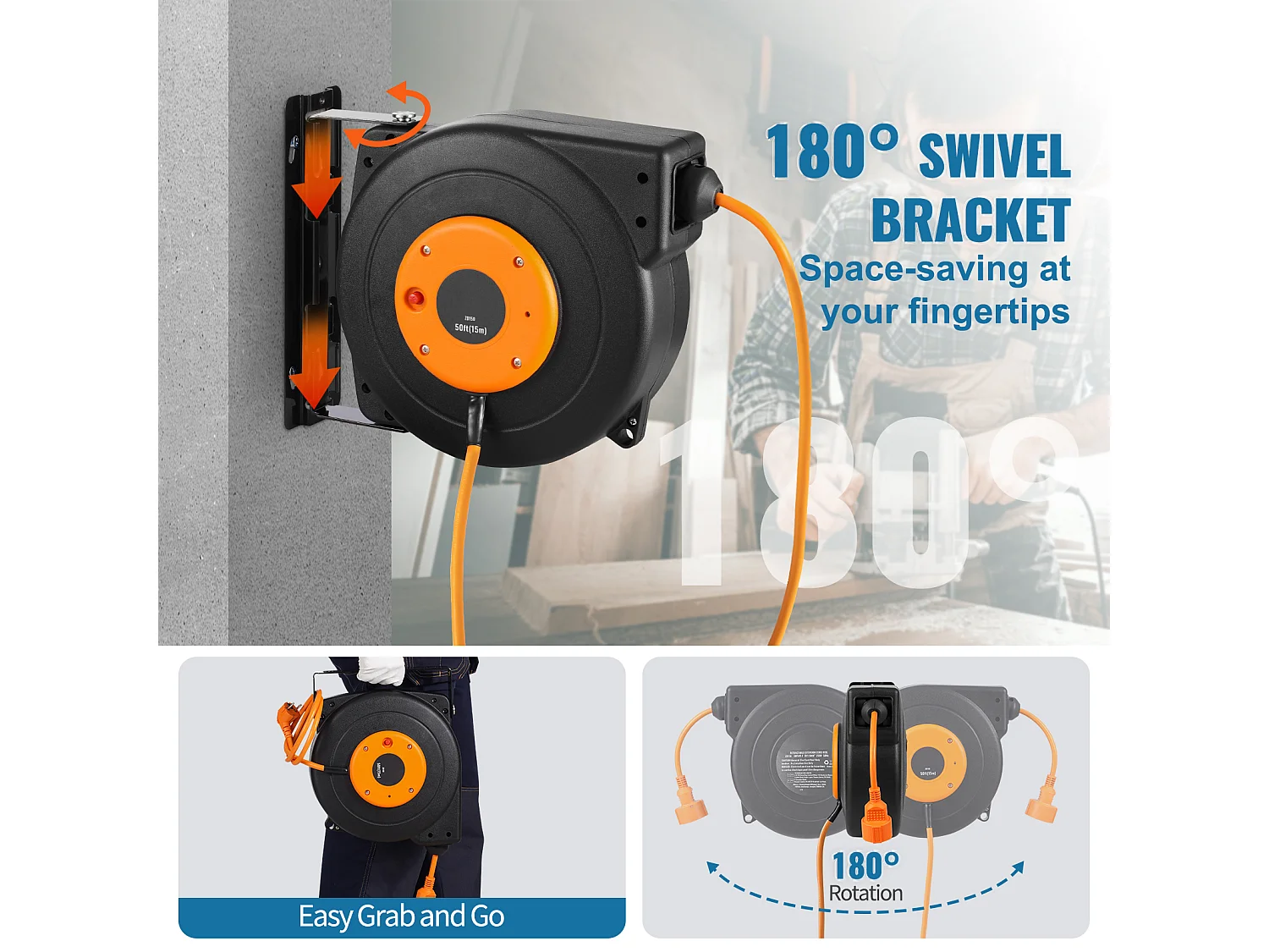 Enrouleur de Câble Extension Rétractable SucceBuy, 15 m, 1000 W, 1 m Câble d'Entrée