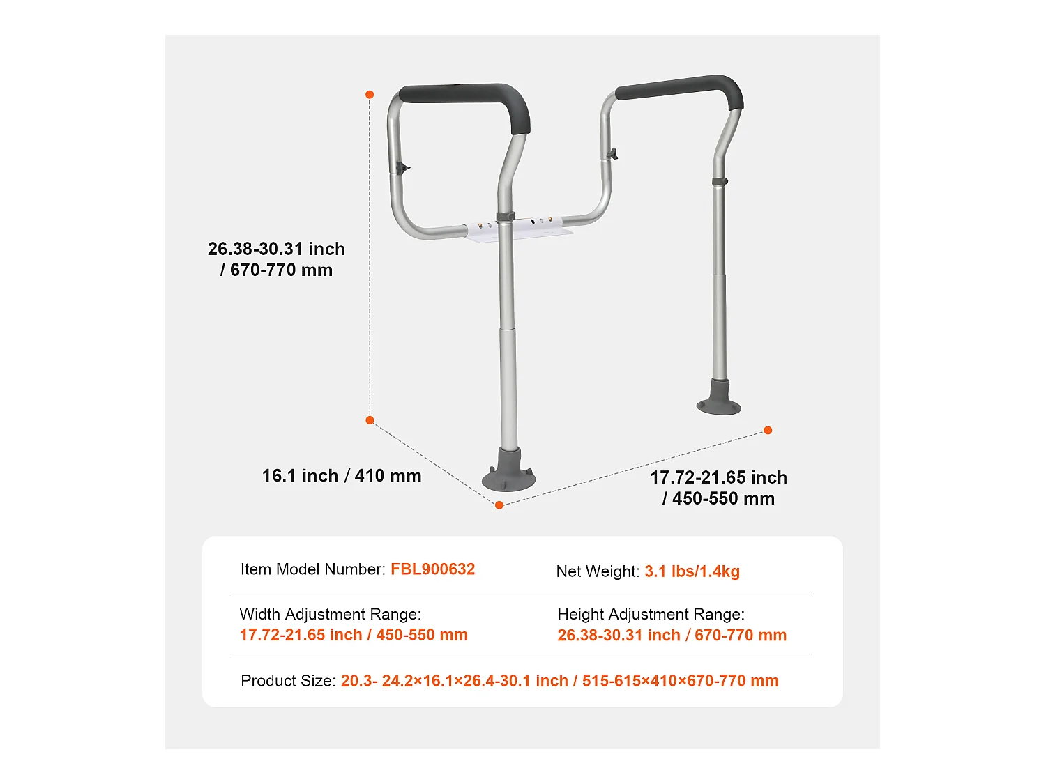 Barres d'Appui SucceBuy Réglables, Barres d'Appui avec Accoudoirs Rembourrés pour Personnes Âgées, Handicapées et Handicapées