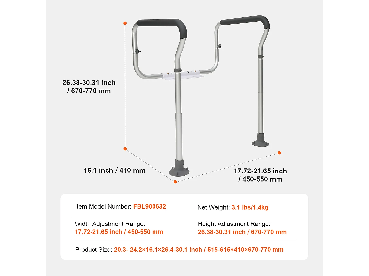 Barres d'Appui SucceBuy Réglables, Barres d'Appui avec Accoudoirs Rembourrés pour Personnes Âgées, Handicapées et Handicapées
