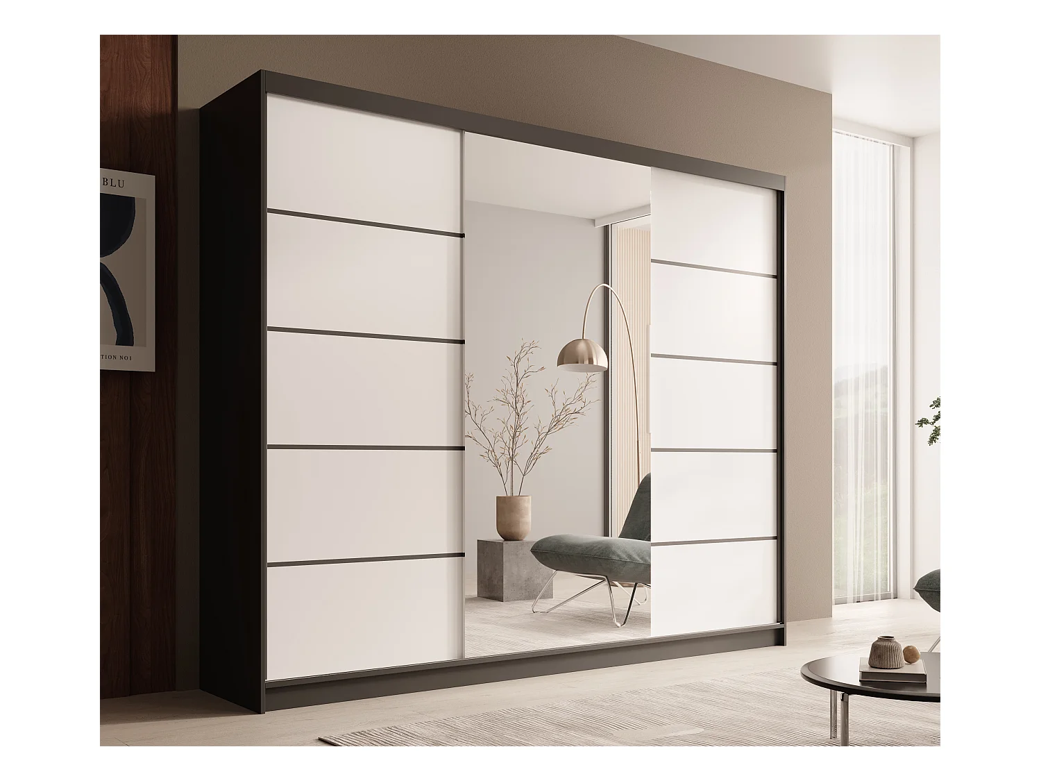 Armario corredero TENA 250 de 3 puertas con espejo – Diseño moderno y gran capacidad de almacenaje-Color Blanco y negro