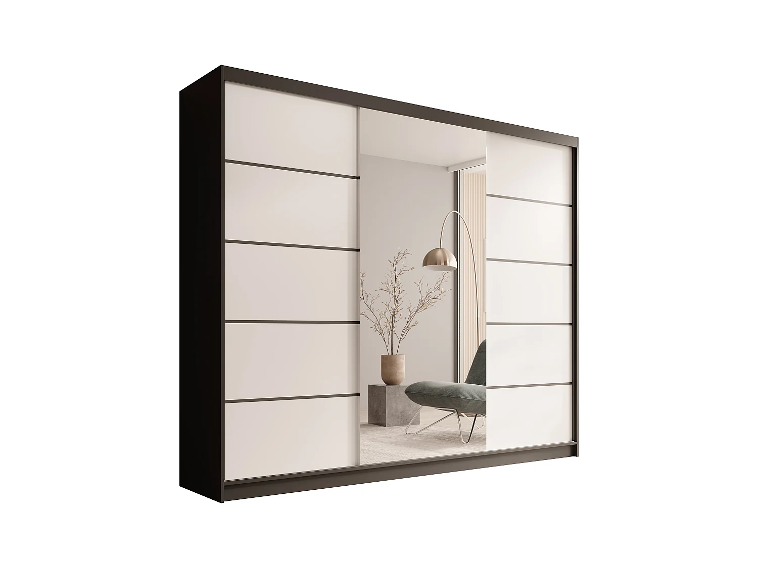 Armoire coulissante 3 portes TENA 250 avec miroir– Design moderne et grande capacité de rangement-Noir/Blanc