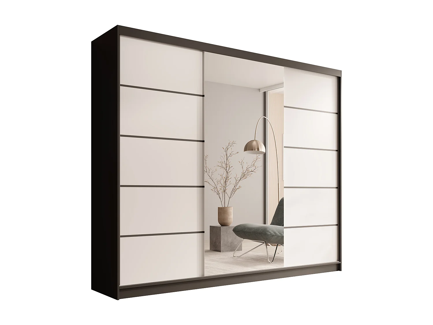 Armoire coulissante 3 portes TENA 250 avec miroir– Design moderne et grande capacité de rangement-Noir/Blanc