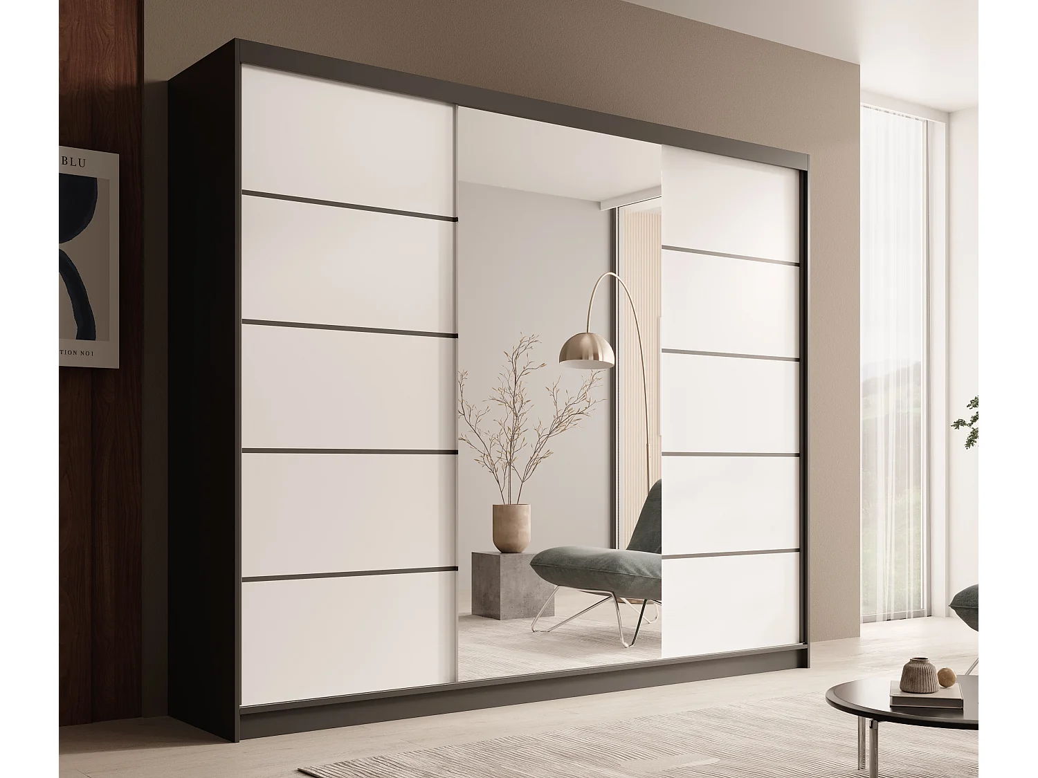 Armoire coulissante 3 portes TENA 250 avec miroir– Design moderne et grande capacité de rangement-Noir/Blanc