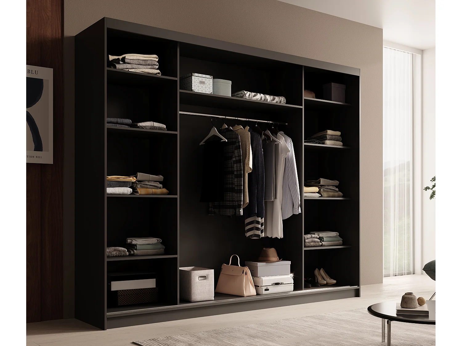 Armoire coulissante 3 portes TENA 250 avec miroir– Design moderne et grande capacité de rangement-Noir/Blanc