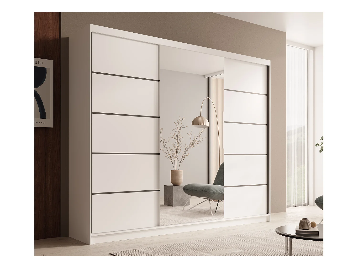 Armoire coulissante 3 portes TENA 250 avec miroir– Design moderne et grande capacité de rangement-Blanc