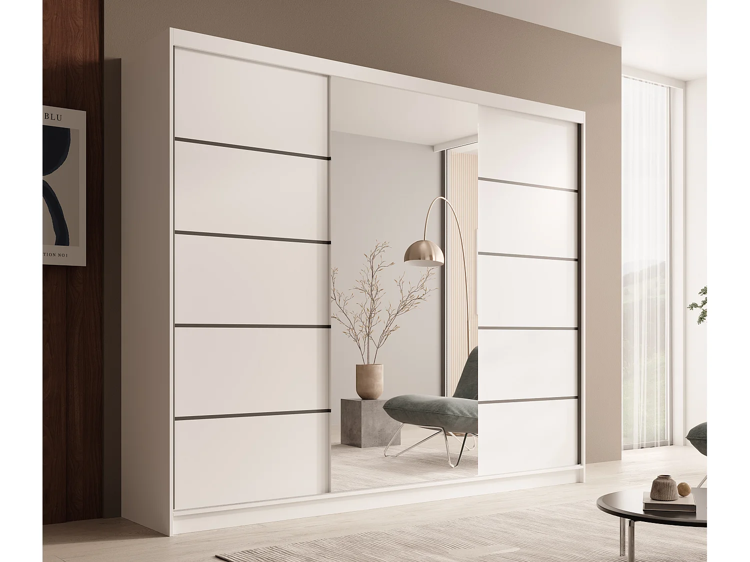 Armoire coulissante 3 portes TENA 250 avec miroir– Design moderne et grande capacité de rangement-Blanc