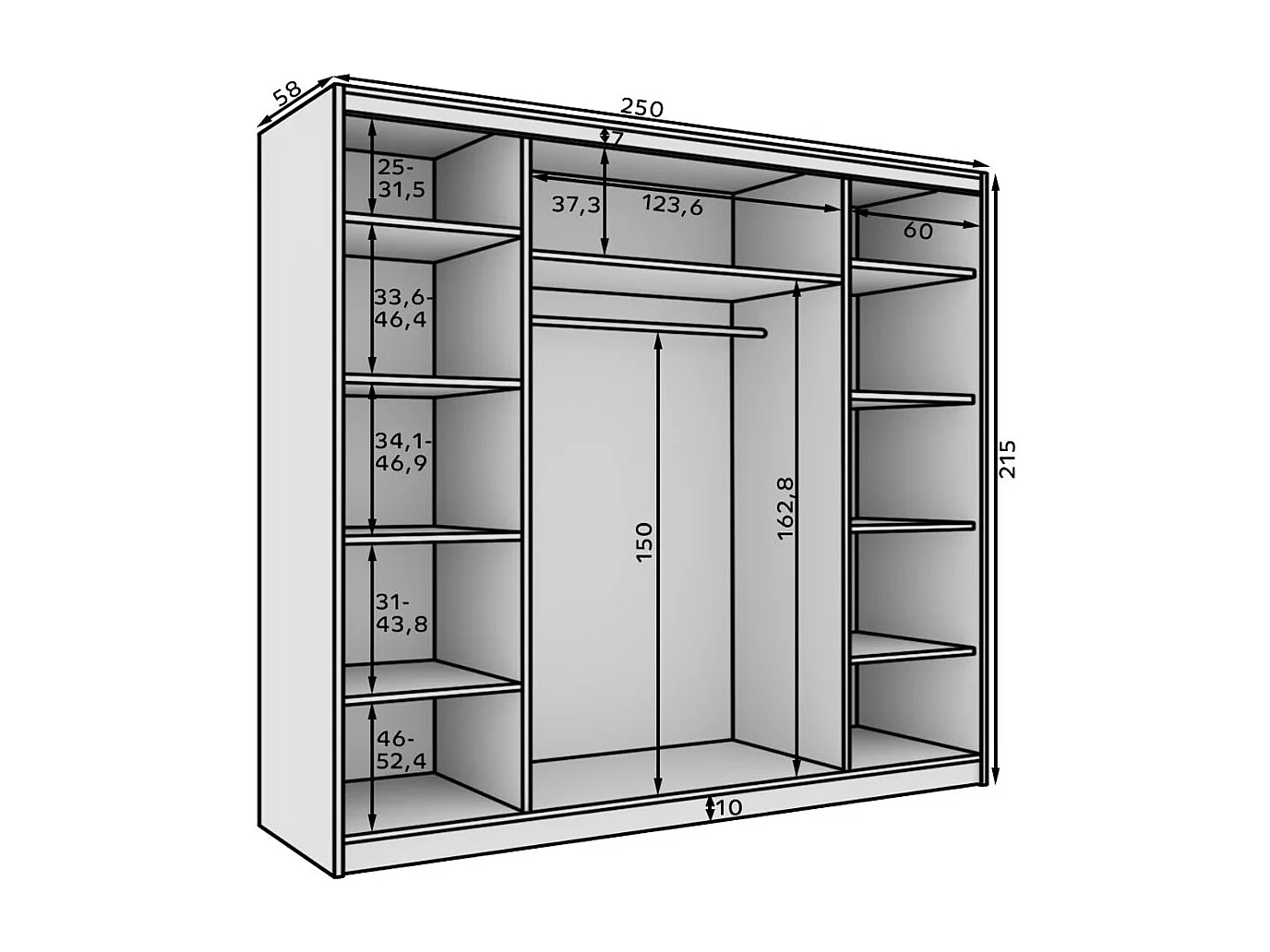 Armoire coulissante 3 portes TENA 250 avec miroir– Design moderne et grande capacité de rangement-Blanc