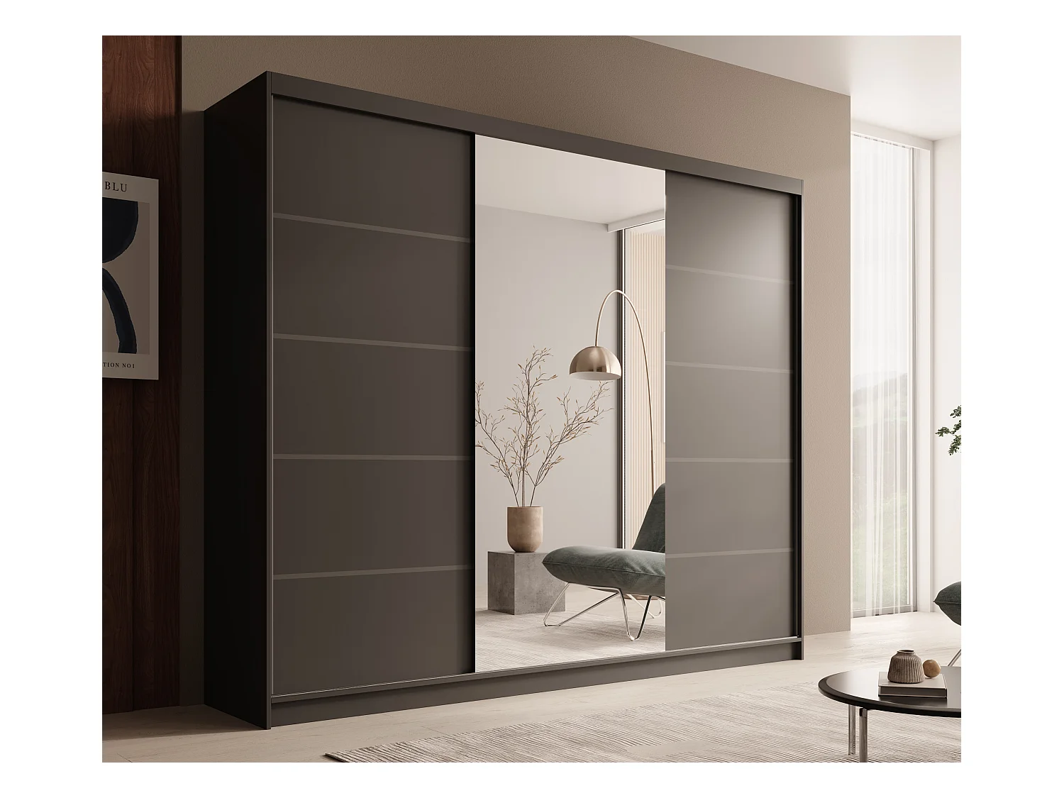 Armoire coulissante 3 portes TENA 250 avec miroir– Design moderne et grande capacité de rangement-Noir