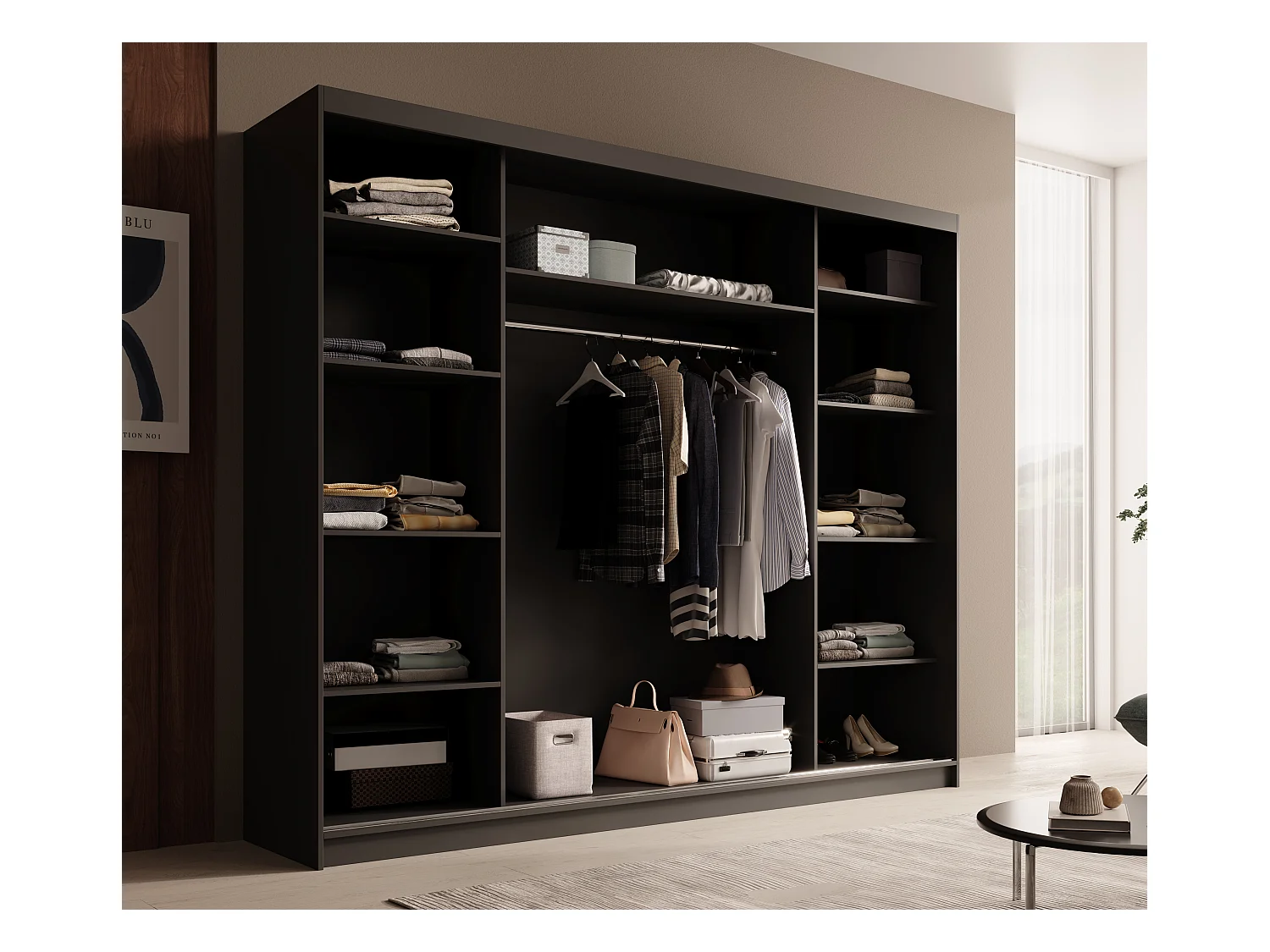 Armoire coulissante 3 portes TENA 250 avec miroir– Design moderne et grande capacité de rangement-Noir