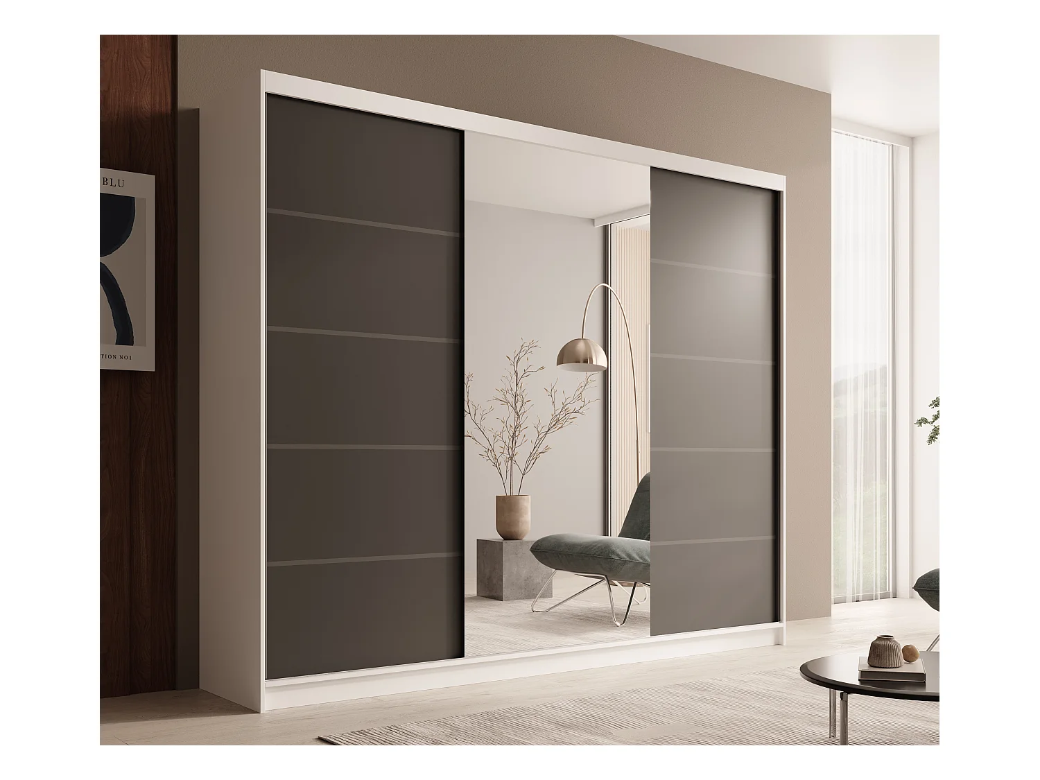 Armario corredero TENA 250 de 3 puertas con espejo – Diseño moderno y gran capacidad de almacenaje-Color Beige y negro