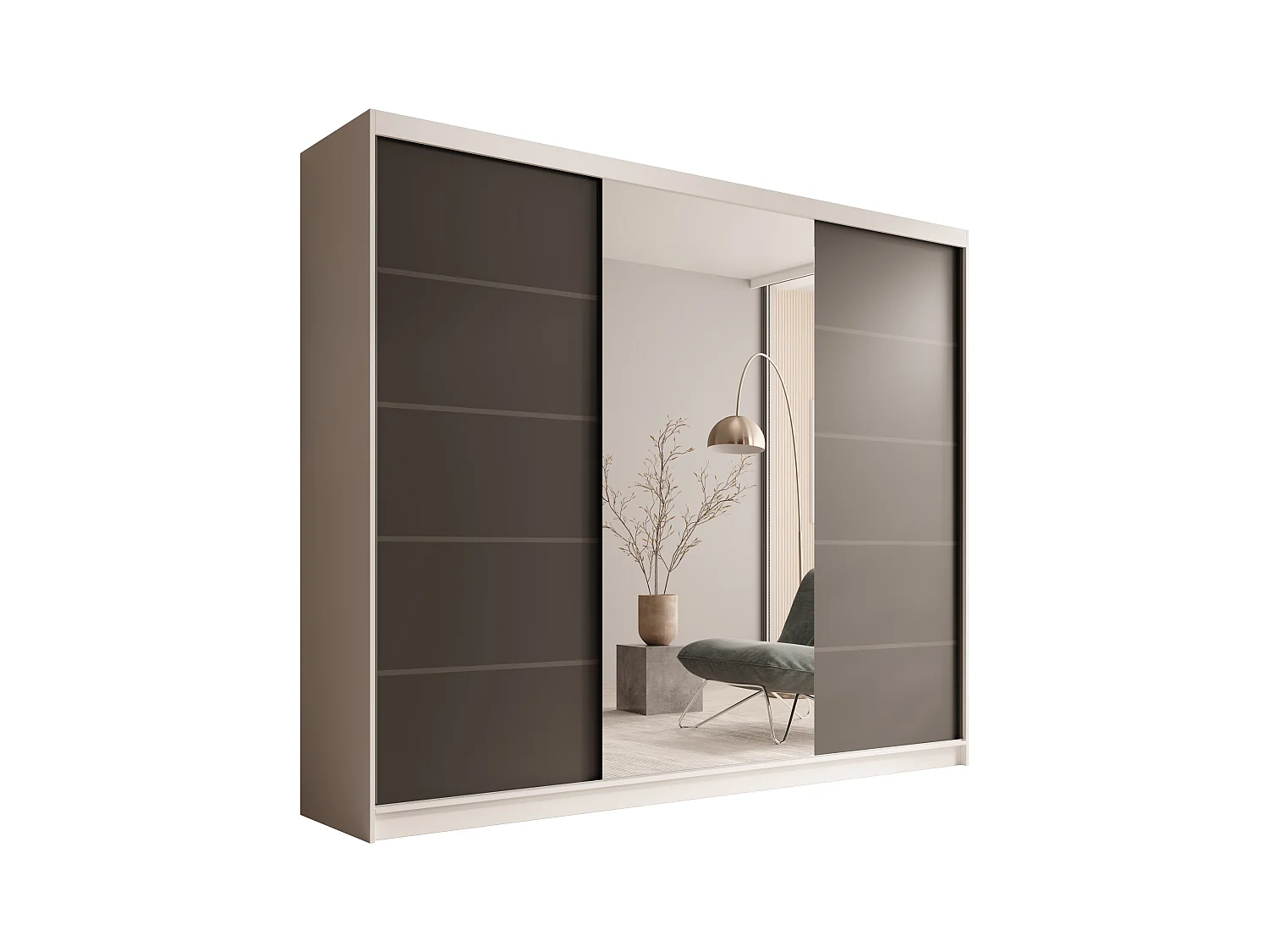 Armoire coulissante 3 portes TENA 250 avec miroir– Design moderne et grande capacité de rangement-Beige/Noir