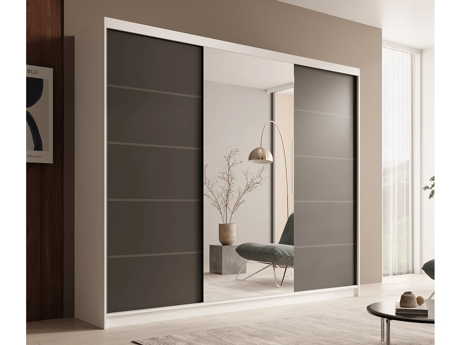 Armoire coulissante 3 portes TENA 250 avec miroir– Design moderne et grande capacité de rangement-Beige/Noir