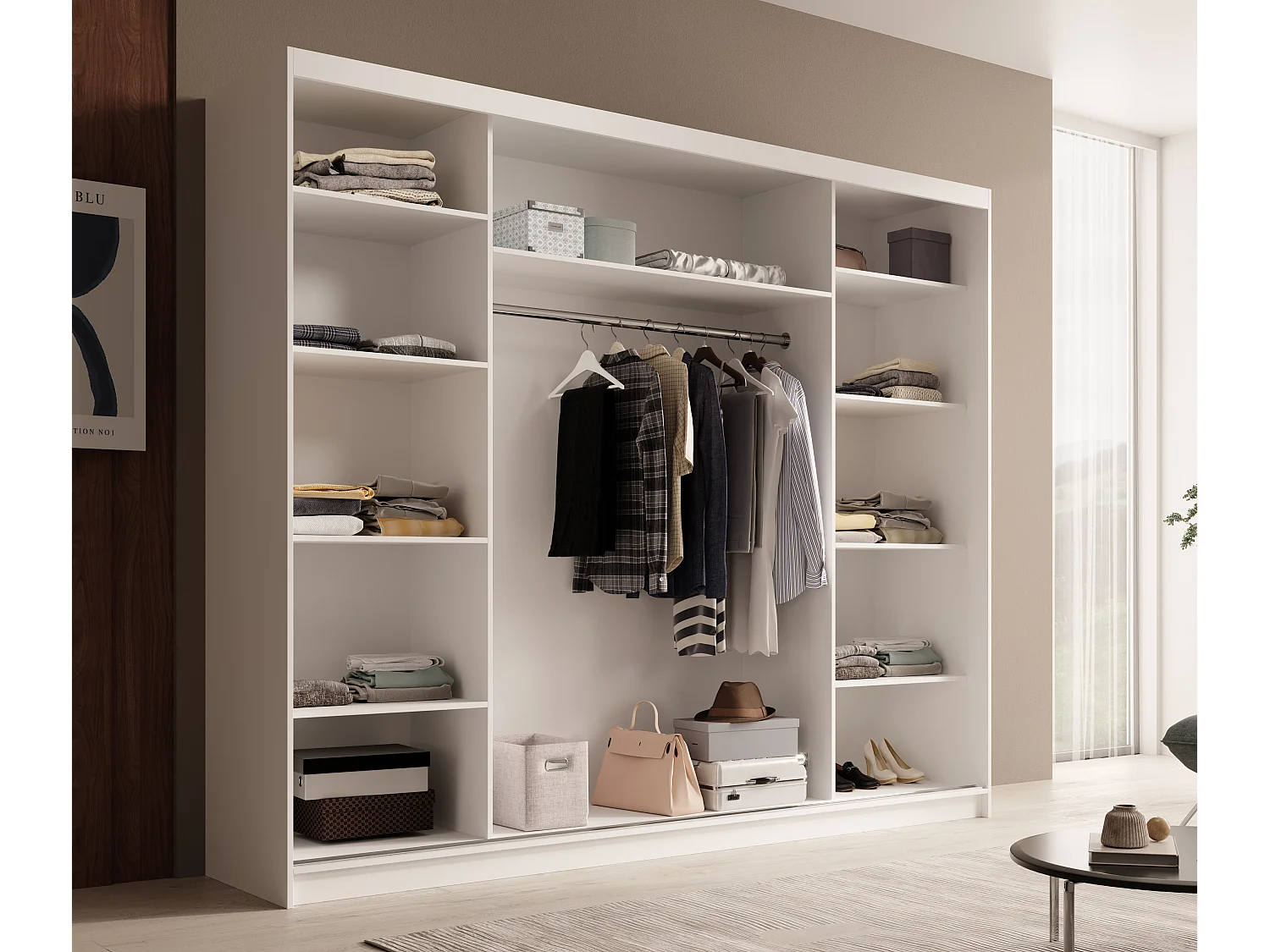 Armoire coulissante 3 portes TENA 250 avec miroir– Design moderne et grande capacité de rangement-Beige/Noir