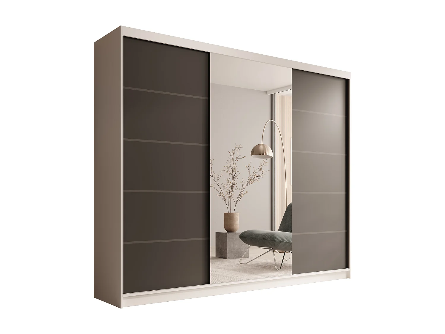 Armoire coulissante 3 portes TENA 250 avec miroir– Design moderne et grande capacité de rangement-Beige/Noir