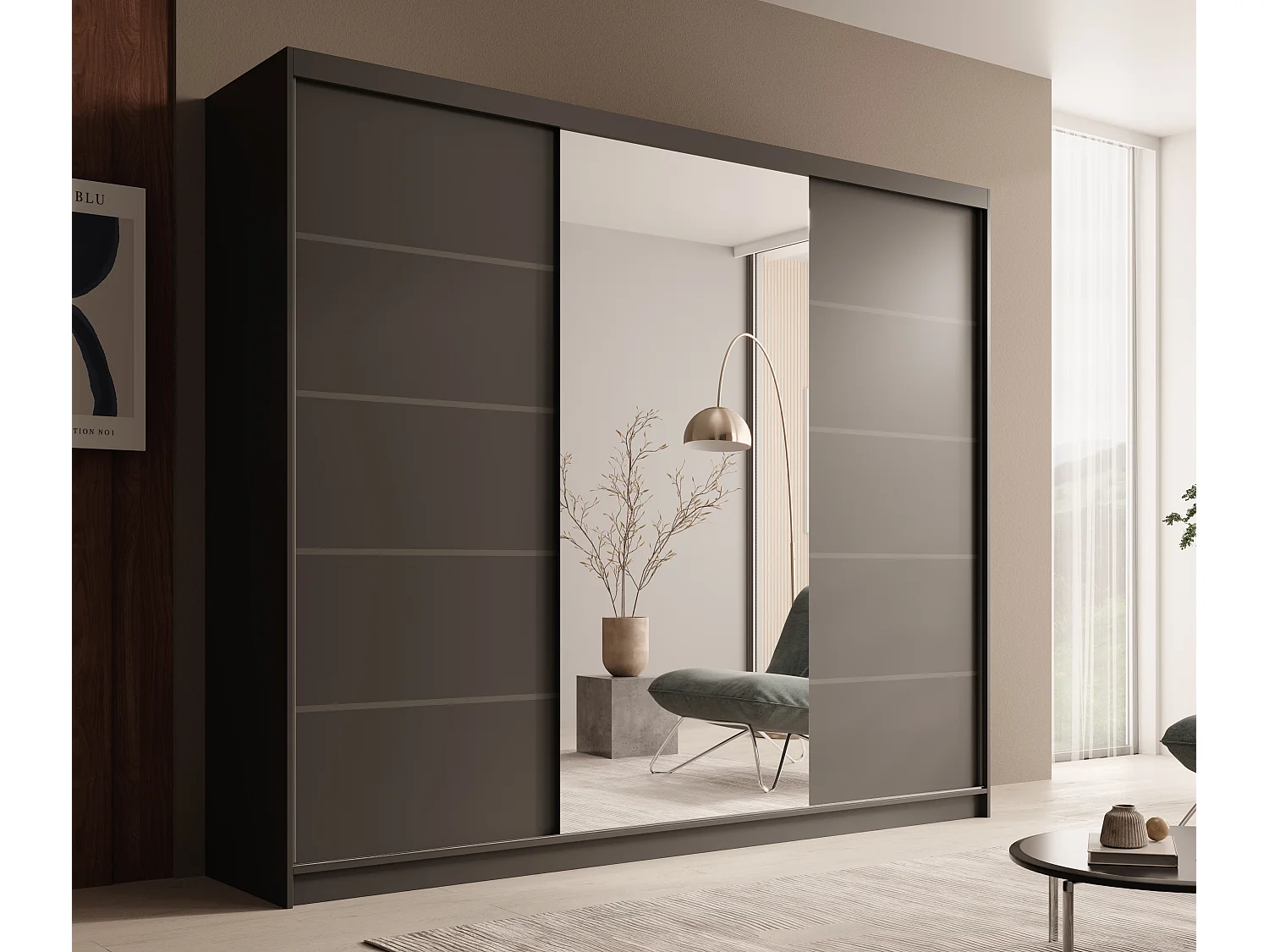 Armoire coulissante 3 portes TENA 250 avec miroir– Design moderne et grande capacité de rangement-Beige/Noir