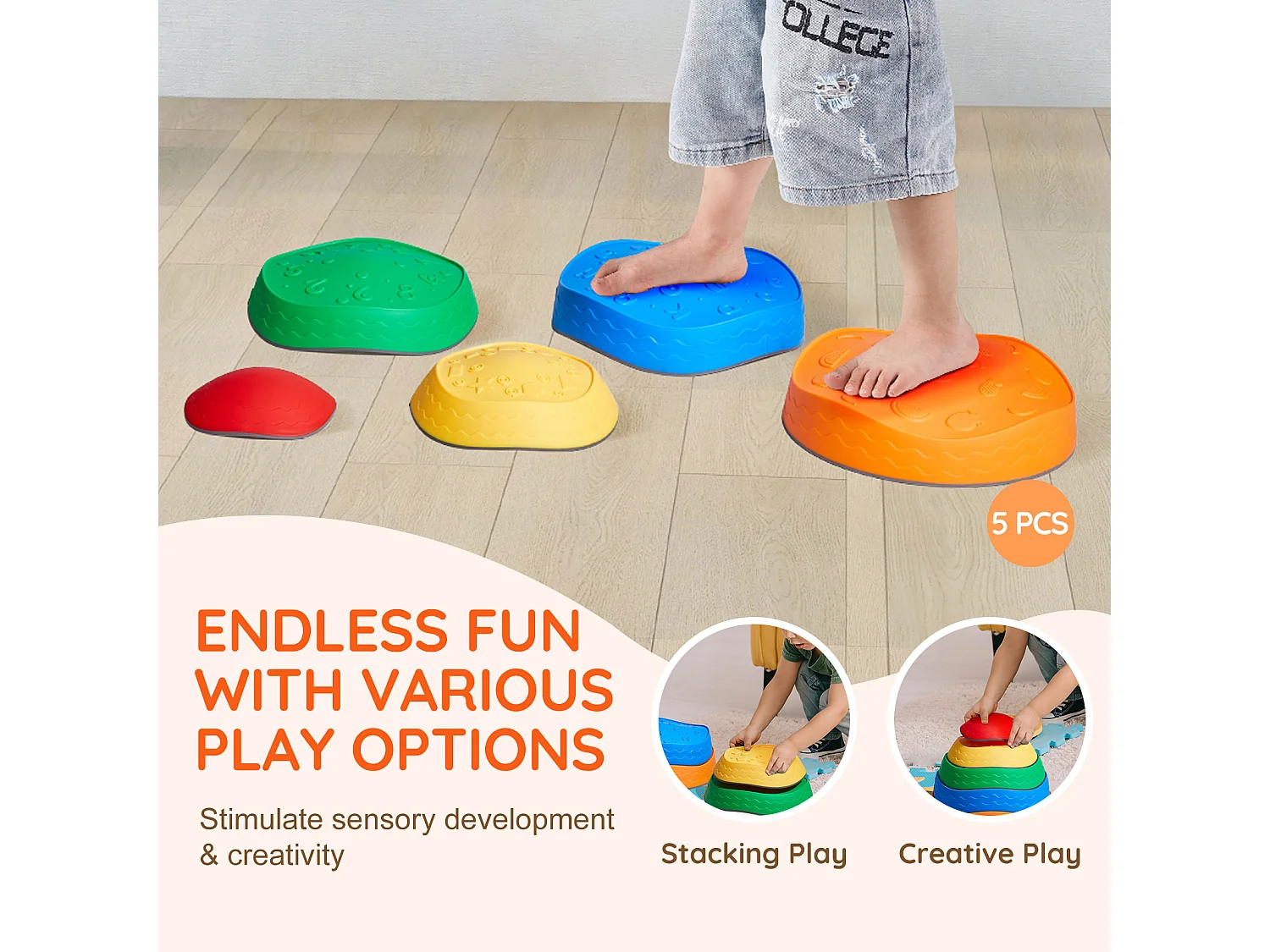 Pierres d'Équilibre Enfants, SucceBuy Kids Balance Stepping Stones, 5 Pièces Parcours d'Obstacles Sensoriel, Intérieur/Extérieur