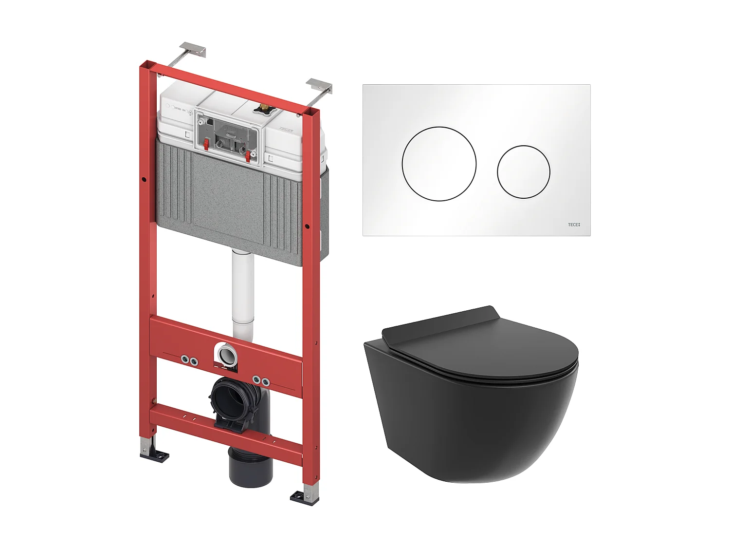 Pack WC : élément de pré-montage TECEbase + WC Rolo noir + tapis d'isolation acoustique + plaque de commande en blanc