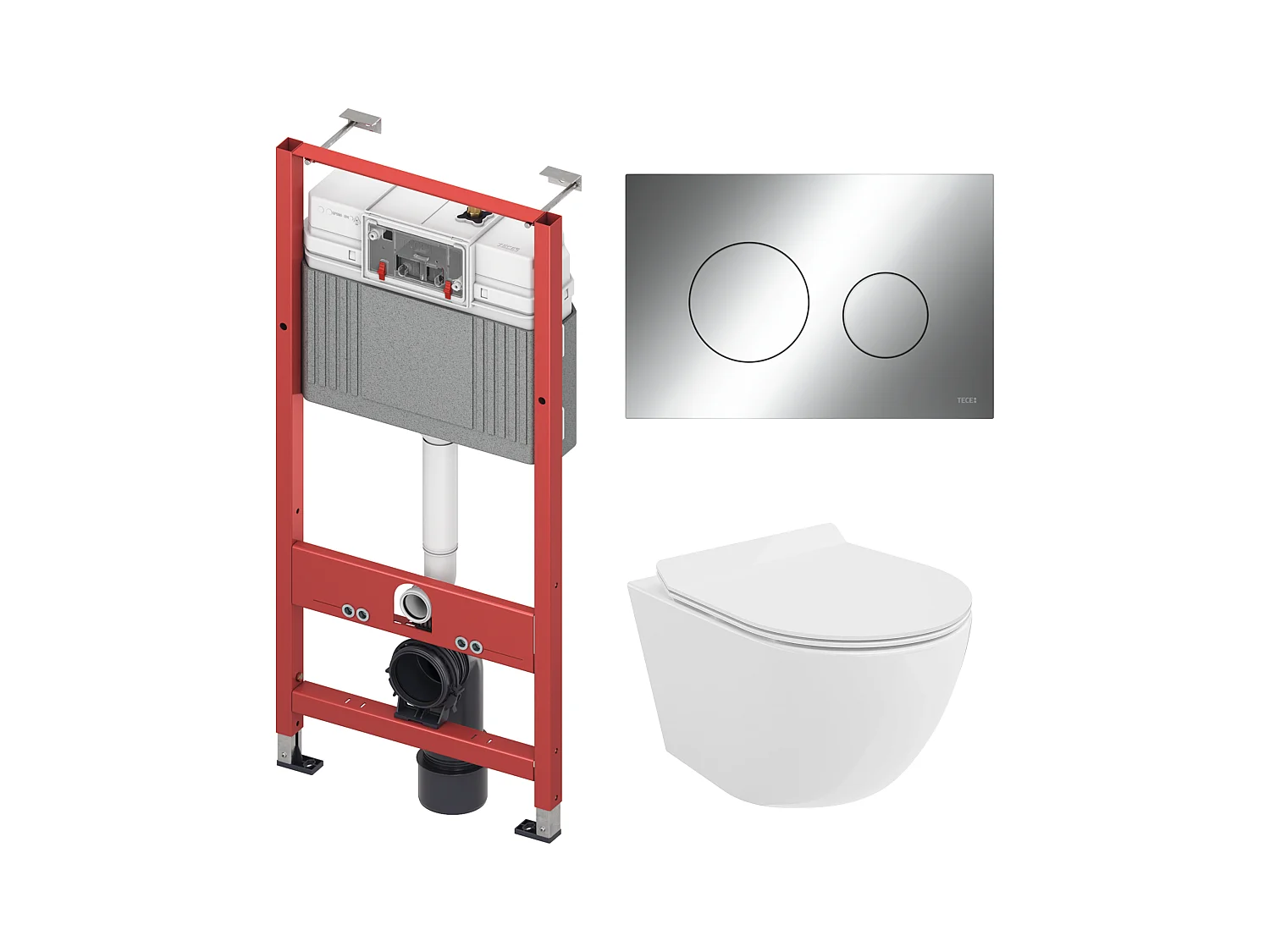 Pack WC : élément de pré-montage TECEbase + WC Rolo blanc + tapis d'isolation acoustique + plaque de commande en chrome