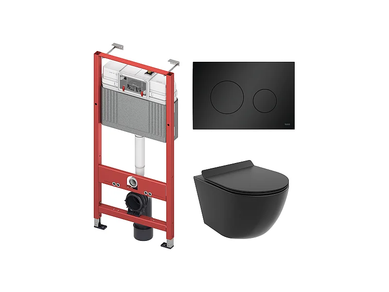 WC SET: Vorwandelement TECEbase + Toilette Rolo Schwarz + Schallschutzmatte + Betätigungsplatte in Schwarz