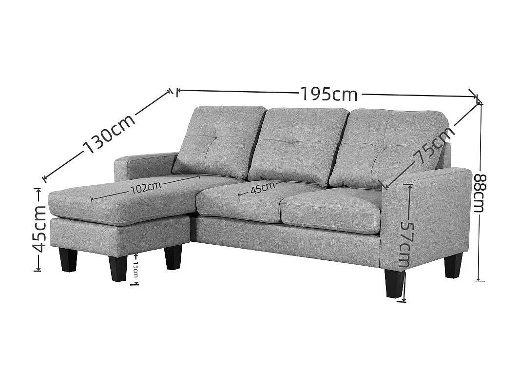 Divano 3 posti Giulivo grigio con pouf e chaise longue componibile 195x130x88H