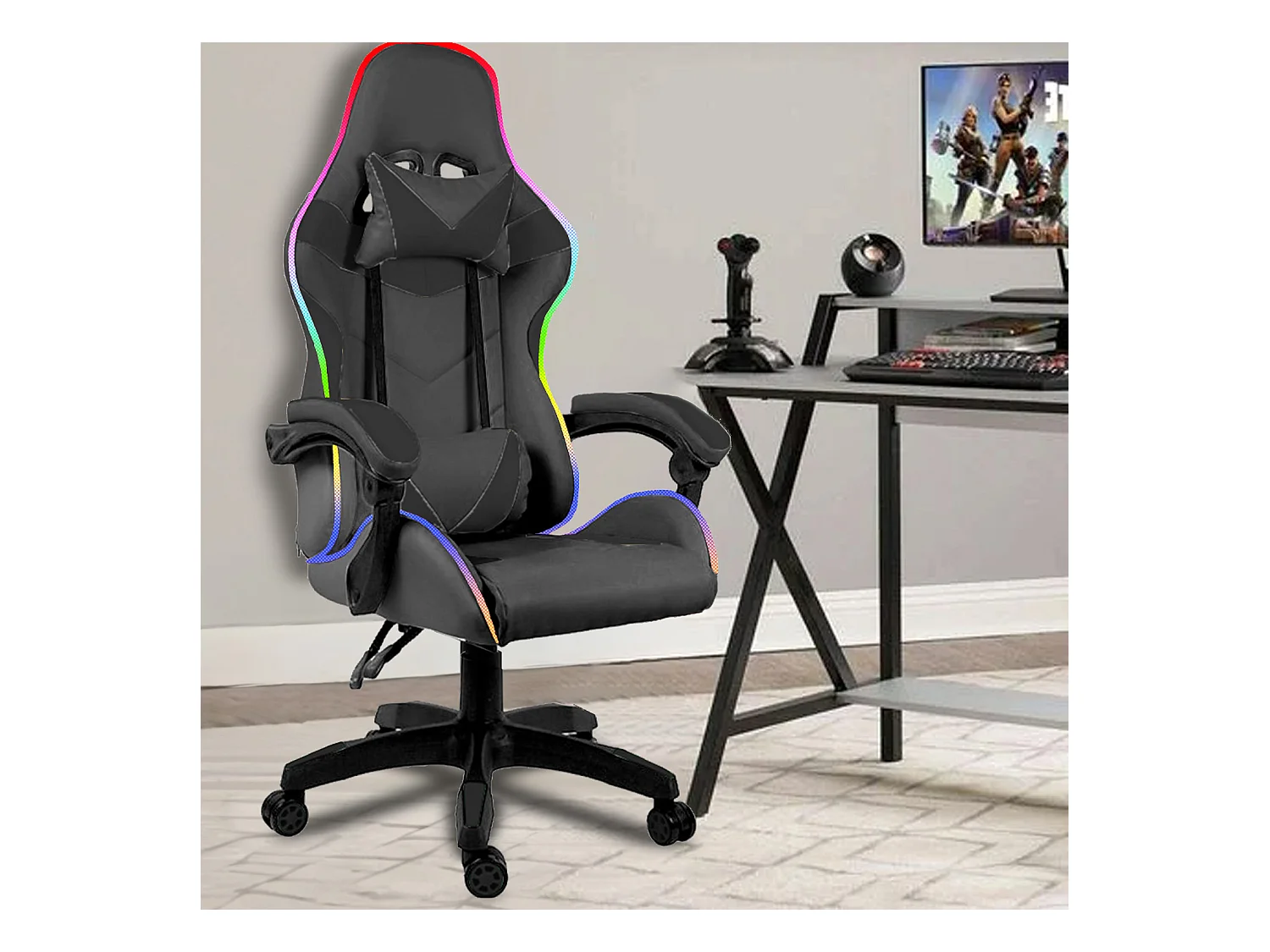 Sedia Gaming Con LED RGB Telecomando Poltrona Ufficio Scrivania Casa PC Racing Girevole Ergonomica Ecopelle Cuscino Lombare Poggiapiedi Nero