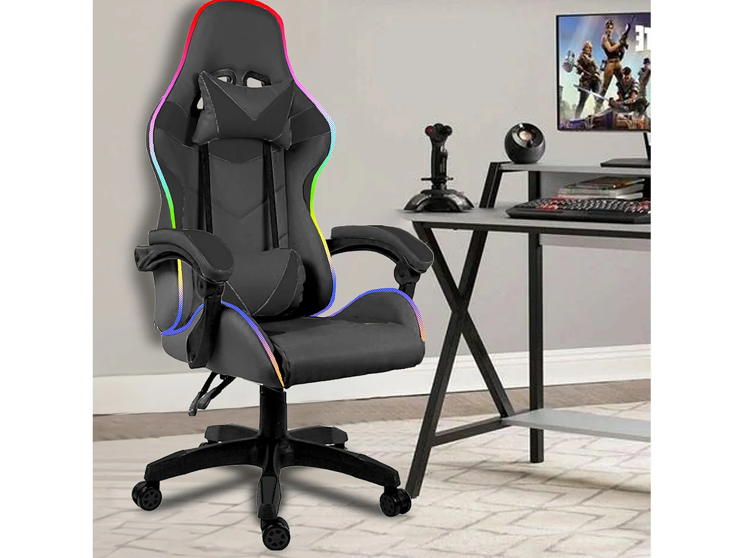 Sedia Gaming Con LED RGB Telecomando Poltrona Ufficio Scrivania Casa PC Racing Girevole Ergonomica Ecopelle Cuscino Lombare Poggiapiedi Nero