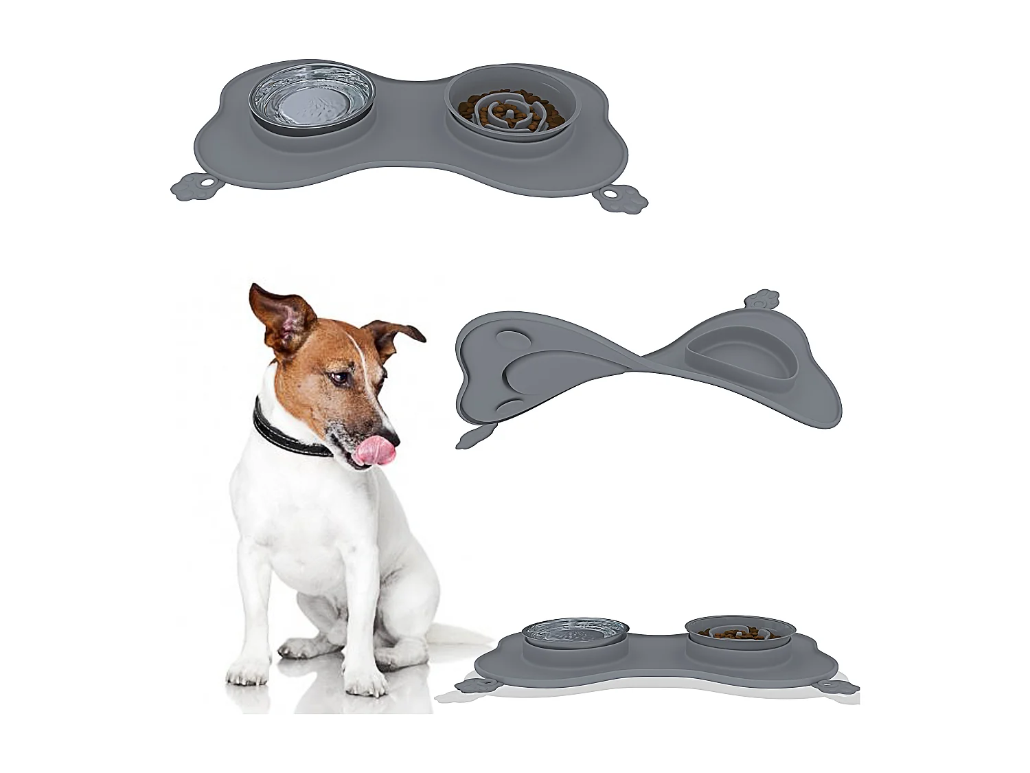 Ciotola Per Cani Gatti 3 In 1 Alimentazione Lenta Acciaio Inox Croccantini Acqua Tappetino in Silicone Antiribaltamento con Ventose 52 x 35 Cm Grigio
