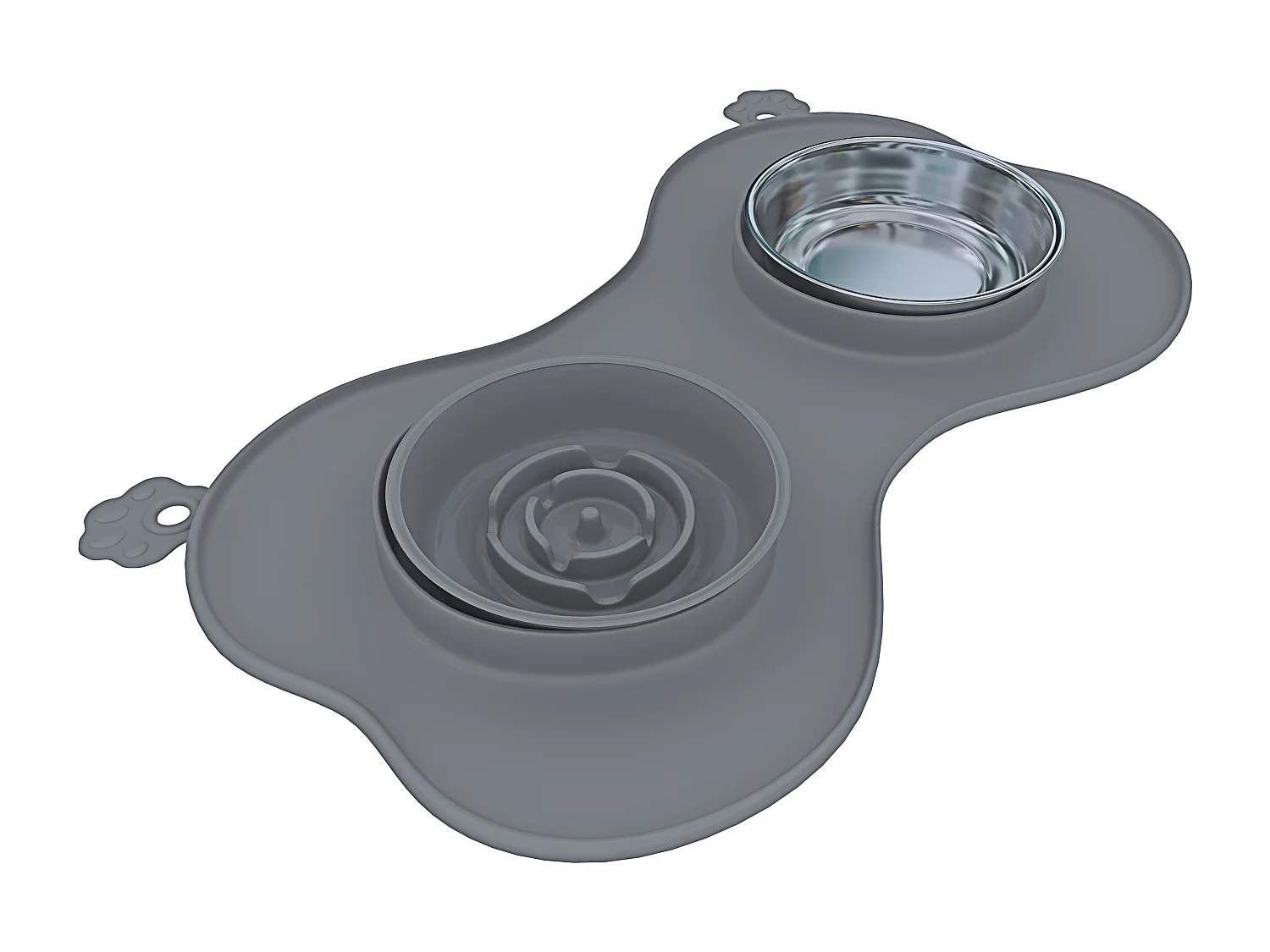 Ciotola Per Cani Gatti 3 In 1 Alimentazione Lenta Acciaio Inox Croccantini Acqua Tappetino in Silicone Antiribaltamento con Ventose 52 x 35 Cm Grigio