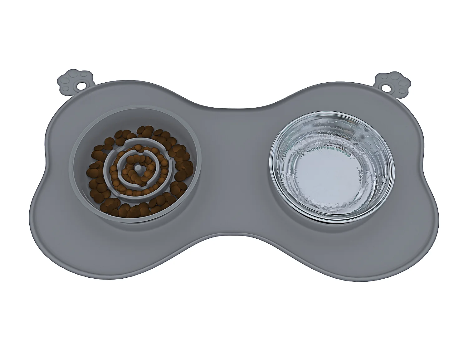 Ciotola Per Cani Gatti 3 In 1 Alimentazione Lenta Acciaio Inox Croccantini Acqua Tappetino in Silicone Antiribaltamento con Ventose 52 x 35 Cm Grigio