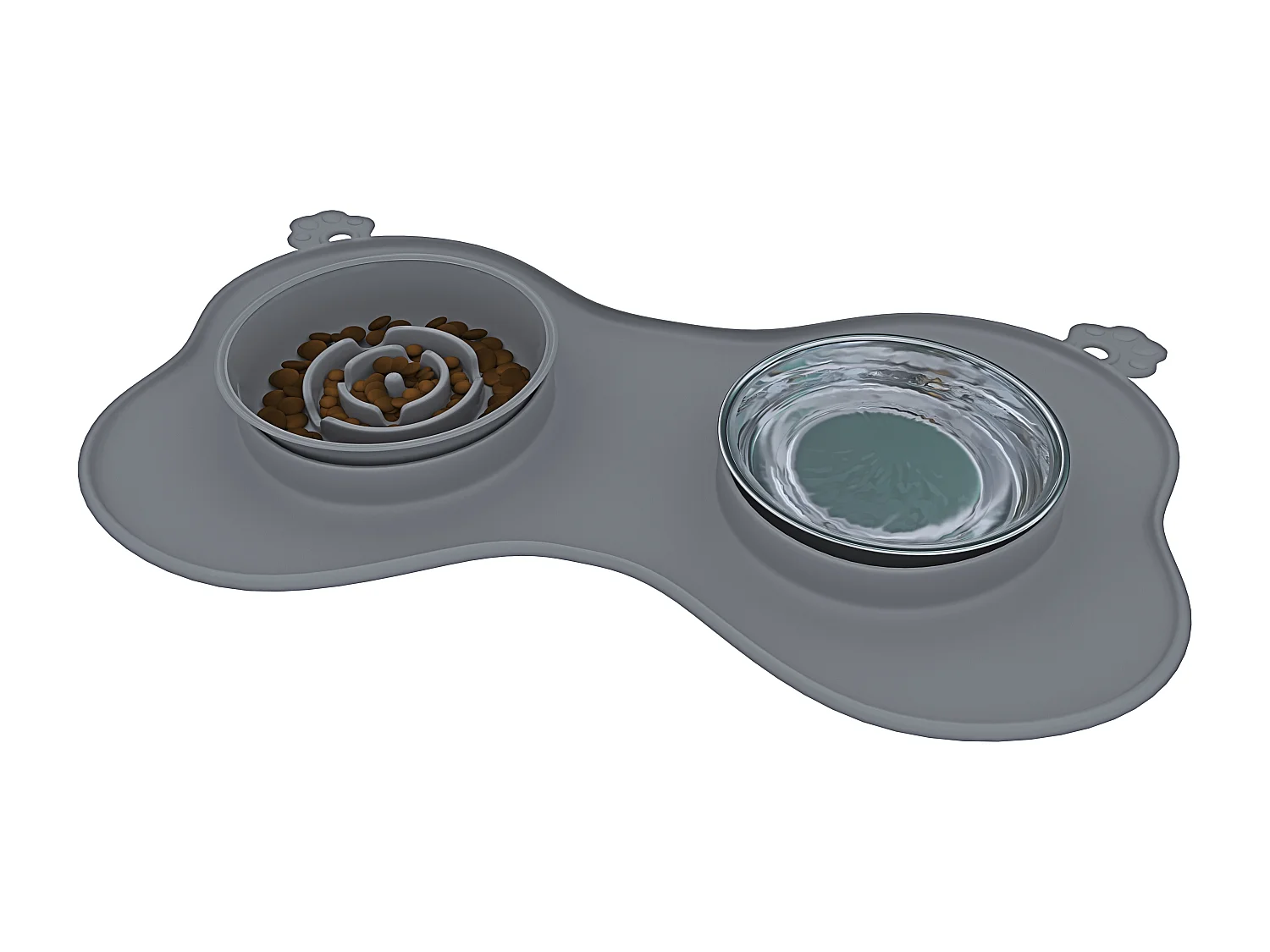 Ciotola Per Cani Gatti 3 In 1 Alimentazione Lenta Acciaio Inox Croccantini Acqua Tappetino in Silicone Antiribaltamento con Ventose 52 x 35 Cm Grigio