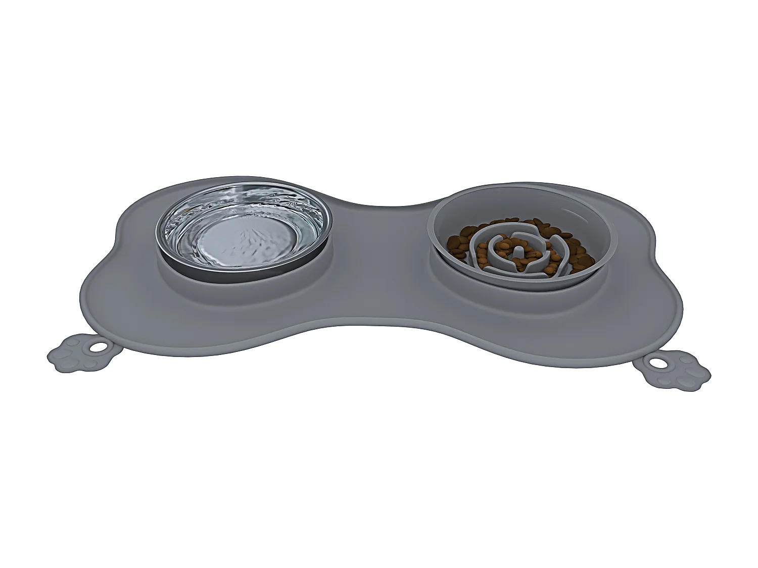 Ciotola Per Cani Gatti 3 In 1 Alimentazione Lenta Acciaio Inox Croccantini Acqua Tappetino in Silicone Antiribaltamento con Ventose 52 x 35 Cm Grigio