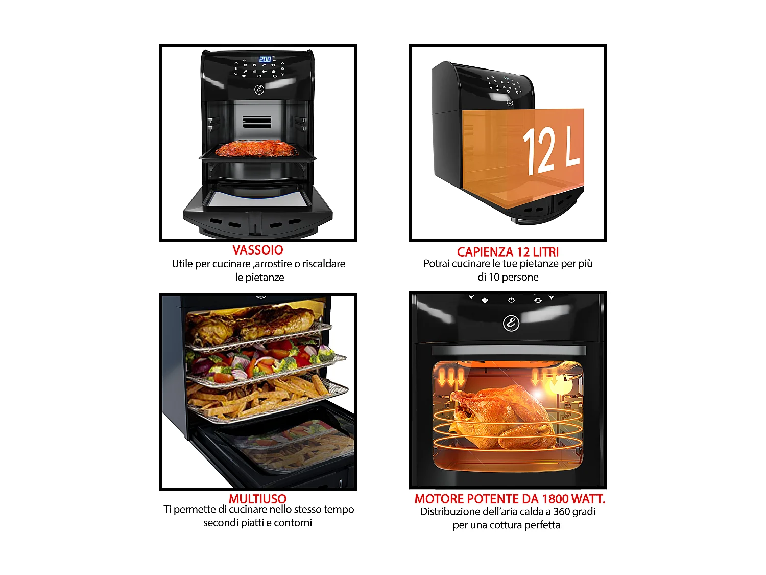 Friggitrice Ad Aria 12 Litri 10 In 1 Forno Aria Calda Con LED Touch Screen Senza Olio Multifunzione 1800W 6 Accessori 7 Programmi