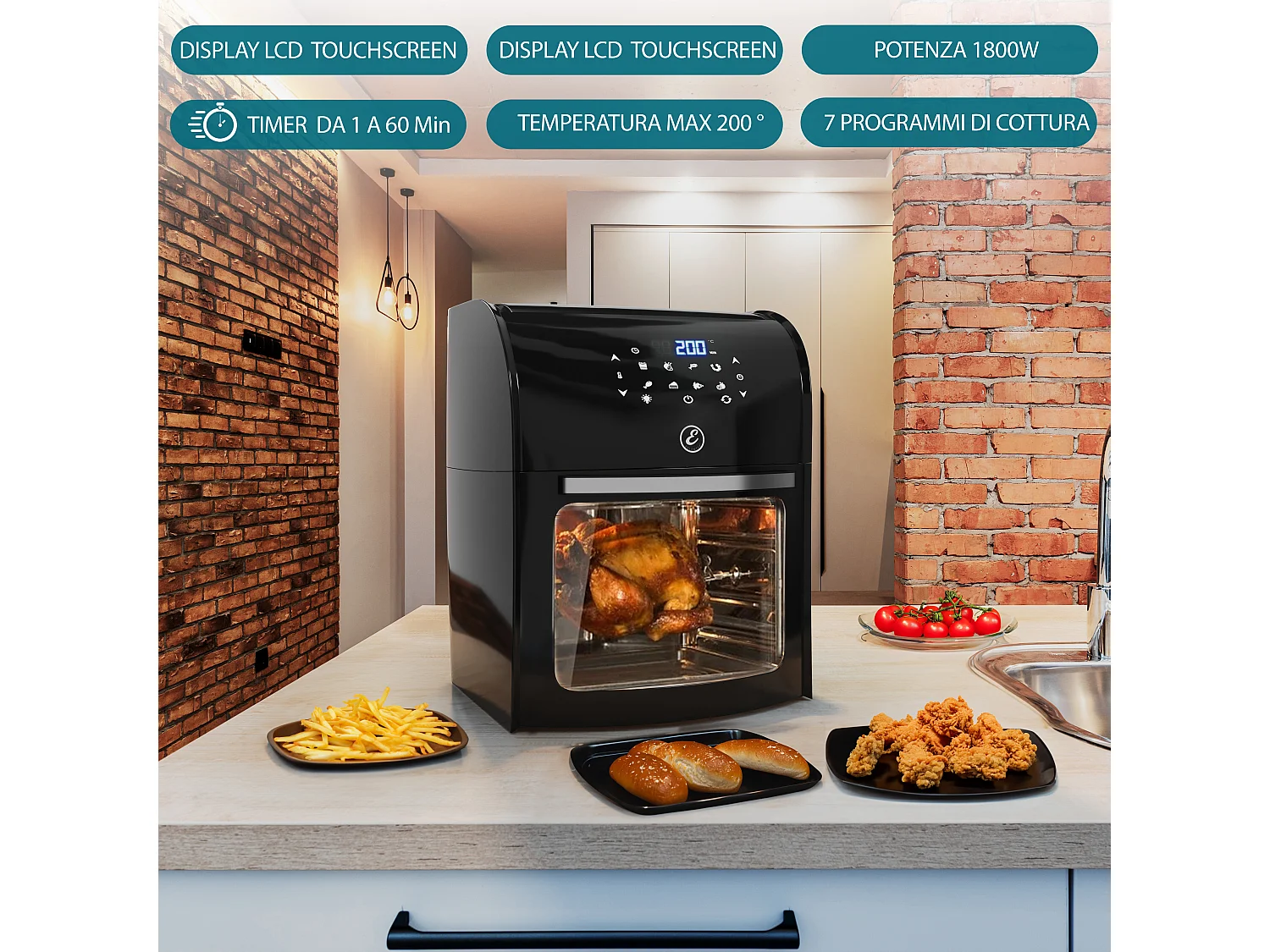 Friggitrice Ad Aria 12 Litri 10 In 1 Forno Aria Calda LED Touch Screen Friggitrice Multifunzione 1800W Griglia Forno 6 Accessori 7 Programmi Temperatura Regolabili