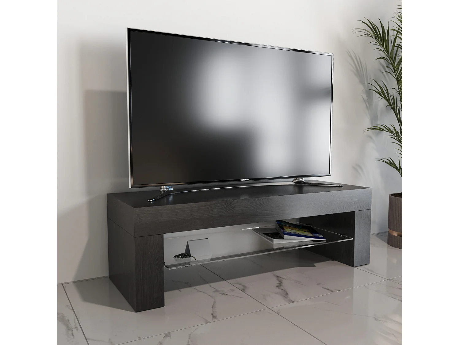 Mobile TV salotto soggiorno ripiano in vetro base televisione nero frassinato