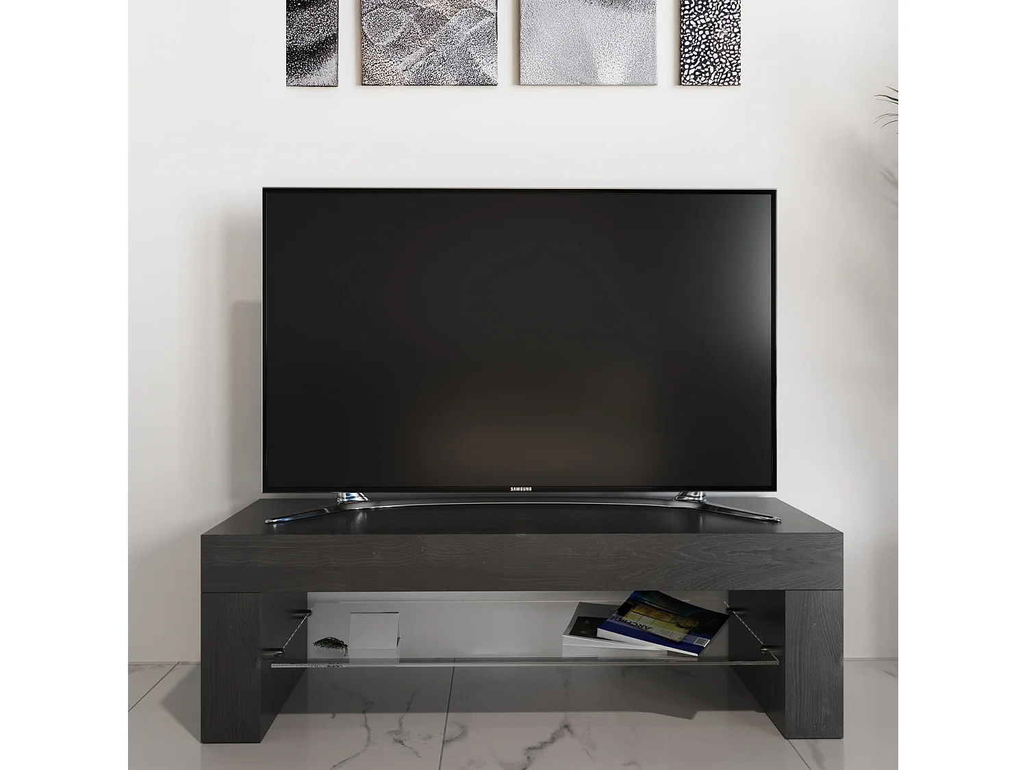 Mobile TV salotto soggiorno ripiano in vetro base televisione nero frassinato