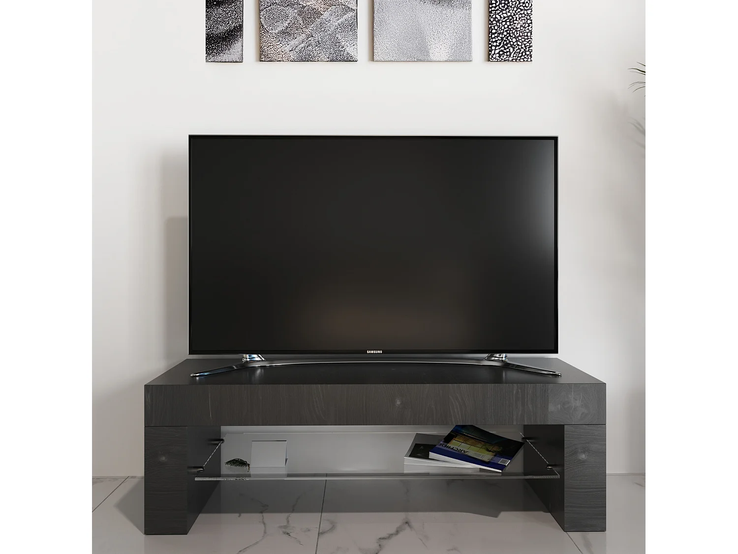 Mobile TV salotto soggiorno ripiano in vetro base televisione rovere alaska