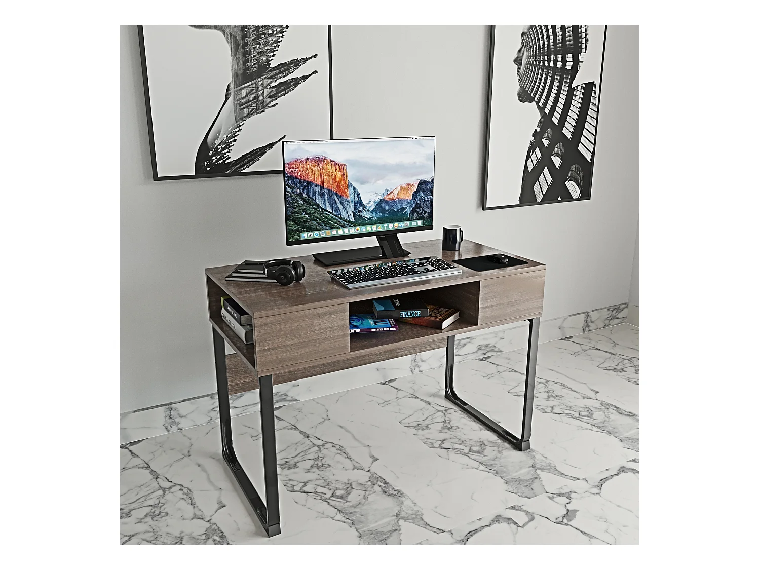 Scrivania Con 3 Ripiani Aperti Legno Gambe In Metallo Scrittoio Mobile Computer Desk Ufficio Studio Cameretta Soggiorno Design 110x76.5x55 cm Marrone