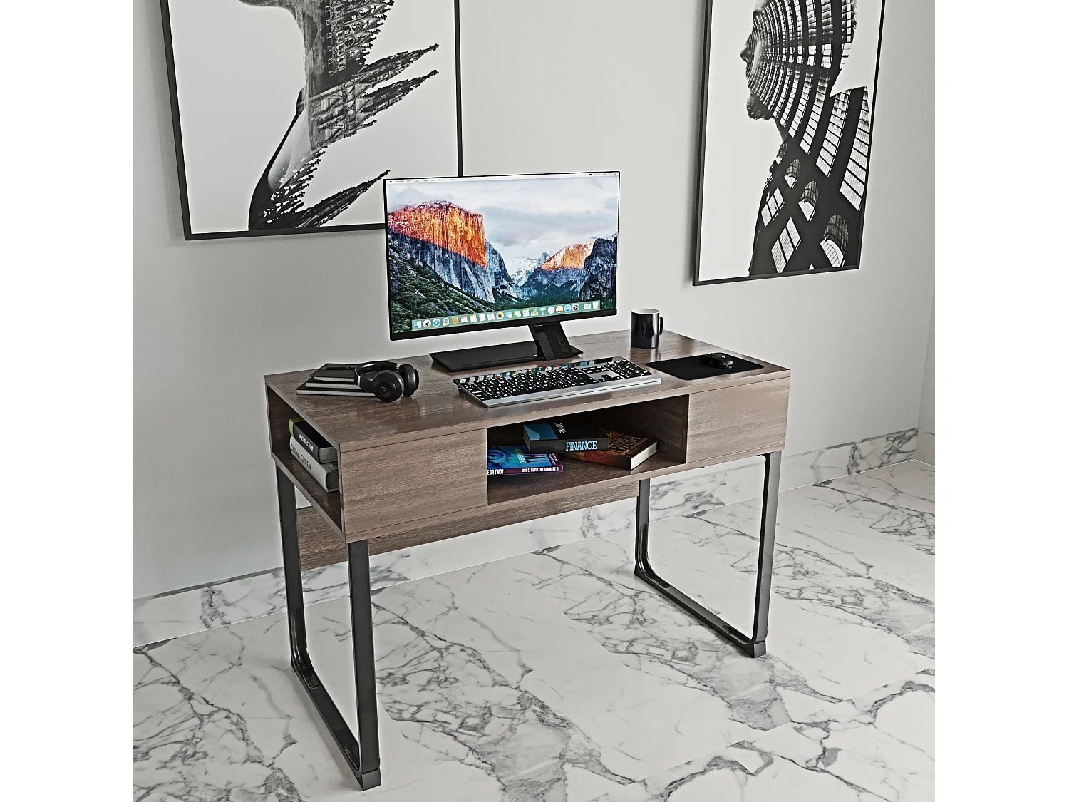 Scrivania Con 3 Ripiani Aperti Legno Gambe In Metallo Scrittoio Mobile Computer Desk Ufficio Studio Cameretta Soggiorno Design 110x76.5x55 cm Marrone