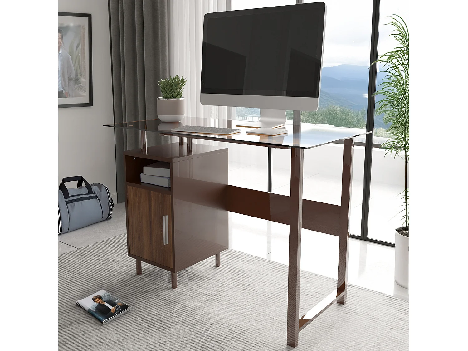 Scrivania Con Ripiano Lucido Vetro Con 2 Scomparti Scrittoio Mobile Computer Desk Ufficio Studio Cameretta Soggiorno Sala Pranzo 110x76.5x55 cm Rovere