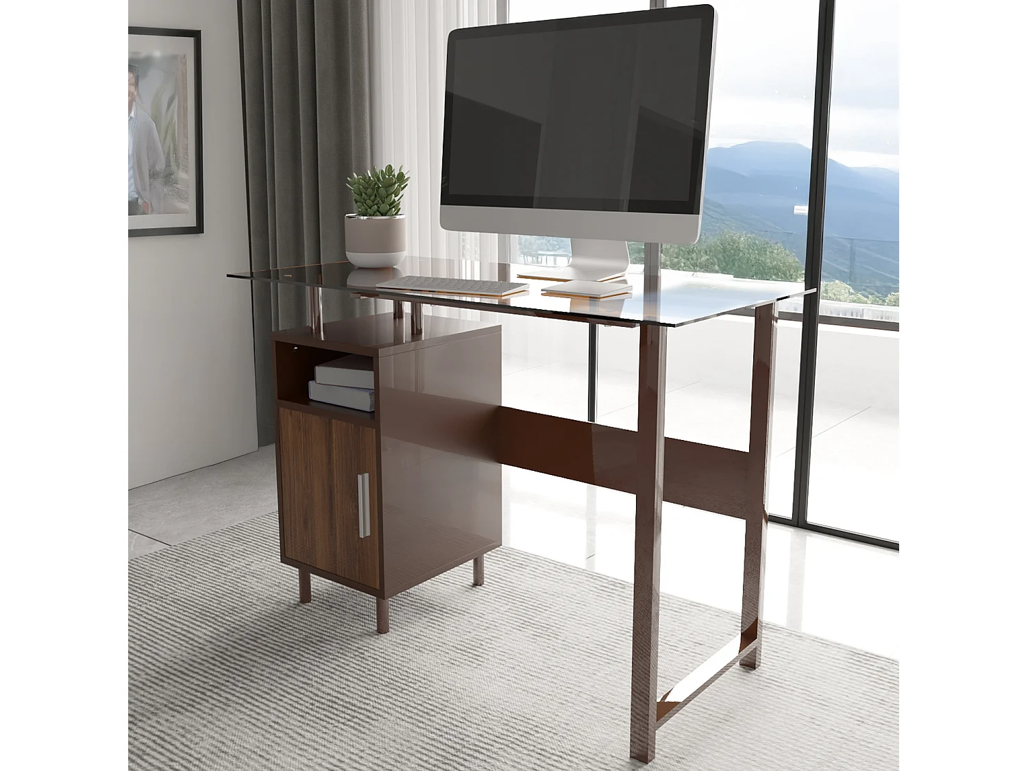 Scrivania Con Ripiano Lucido Vetro Con 2 Scomparti Scrittoio Mobile Computer Desk Ufficio Studio Cameretta Soggiorno Sala Pranzo 110x76.5x55 cm Rovere
